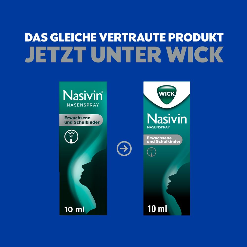 Vergleich von zwei Nasenspray-Packungen. Text: Das gleiche vertraute Produkt jetzt unter WICK. Blauer Hintergrund.