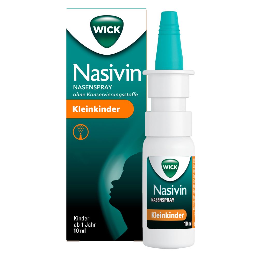 Nasivin Nasenspray für Kleinkinder. Weiße Flasche mit blauem Sprühkopf und Verpackung.