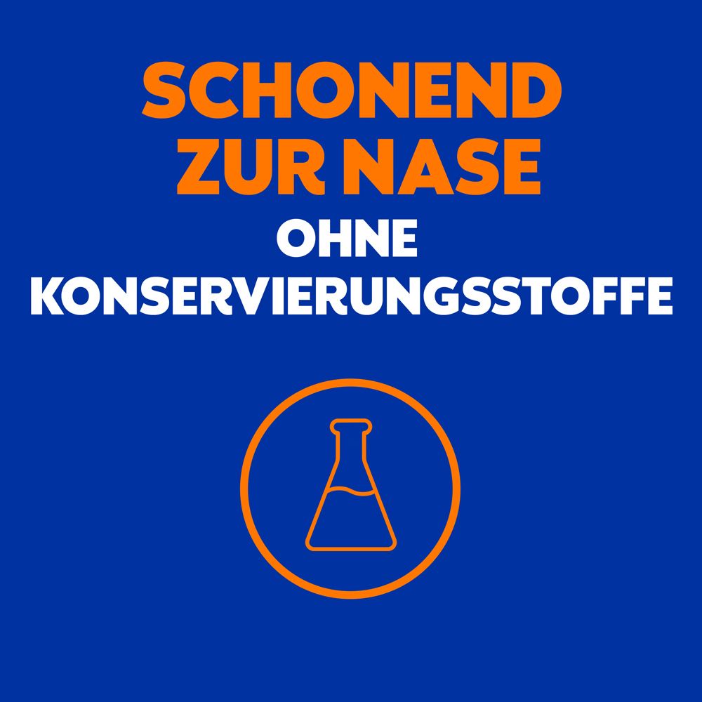 Text: Schonend zur Nase. Ohne Konservierungsstoffe. Abbildung eines Kolbens.