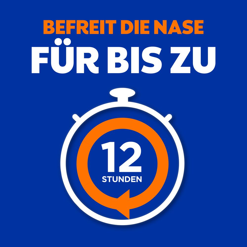 Text: Befreit die Nase für bis zu 12 Stunden. Abbildung einer Uhr.