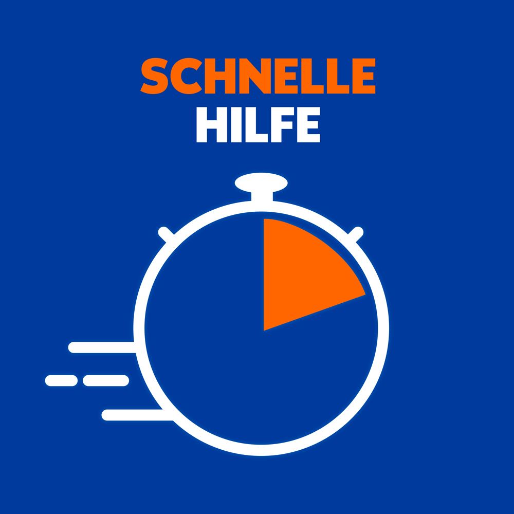 Text: Schnelle Hilfe. Abbildung einer Stoppuhr.