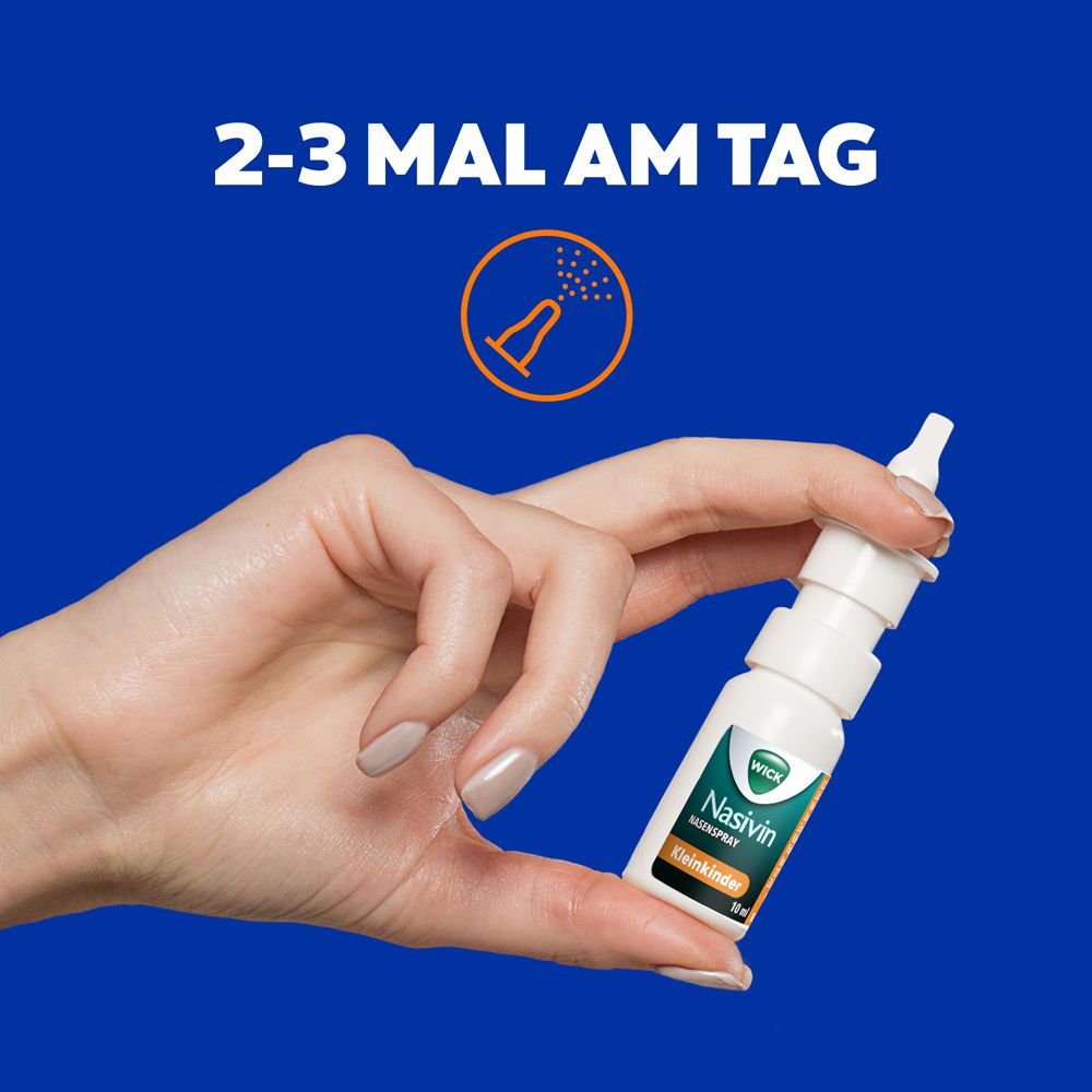 Hand hält Nasivin Nasenspray. Text: 2-3 mal am Tag.