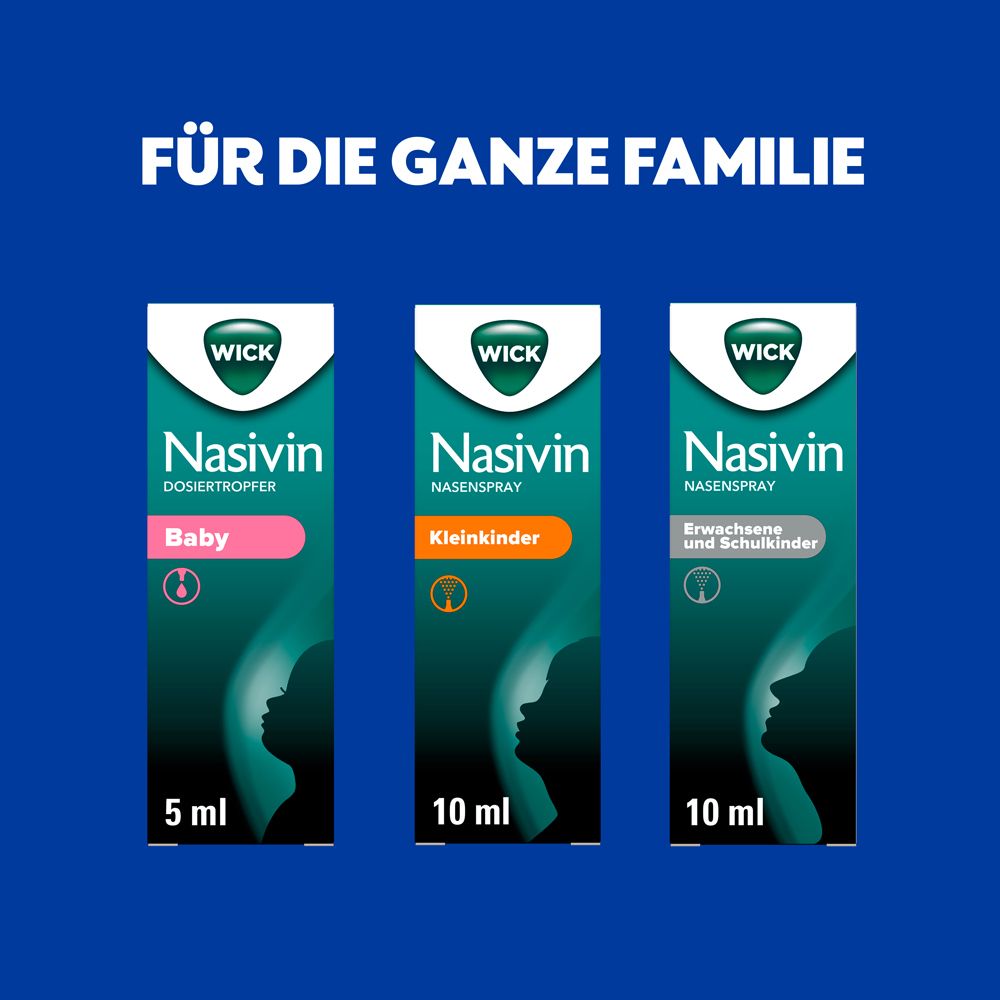 Drei Nasivin-Verpackungen: Baby, Kleinkinder, Erwachsene/Schulkinder.