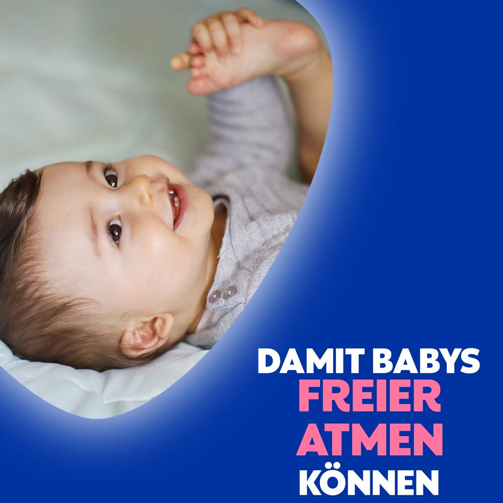 Baby liegt auf dem Rücken. Text: Damit Babys freier atmen können.