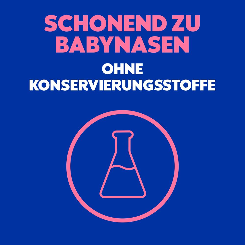 Text: Schonend zu Babynasen. Ohne Konservierungsstoffe. Abbildung eines Reagenzglases.