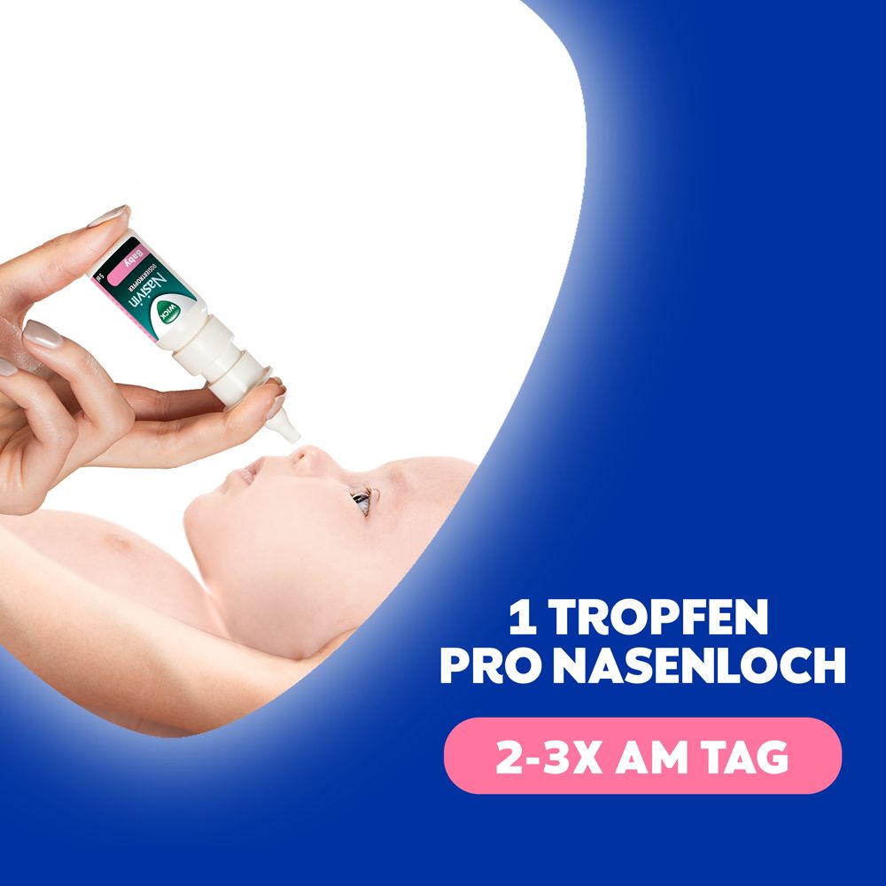 Hand tropft Nasivin Dosiertropfer Baby in Babynase. Text: 1 Tropfen pro Nasenloch, 2-3x am Tag.