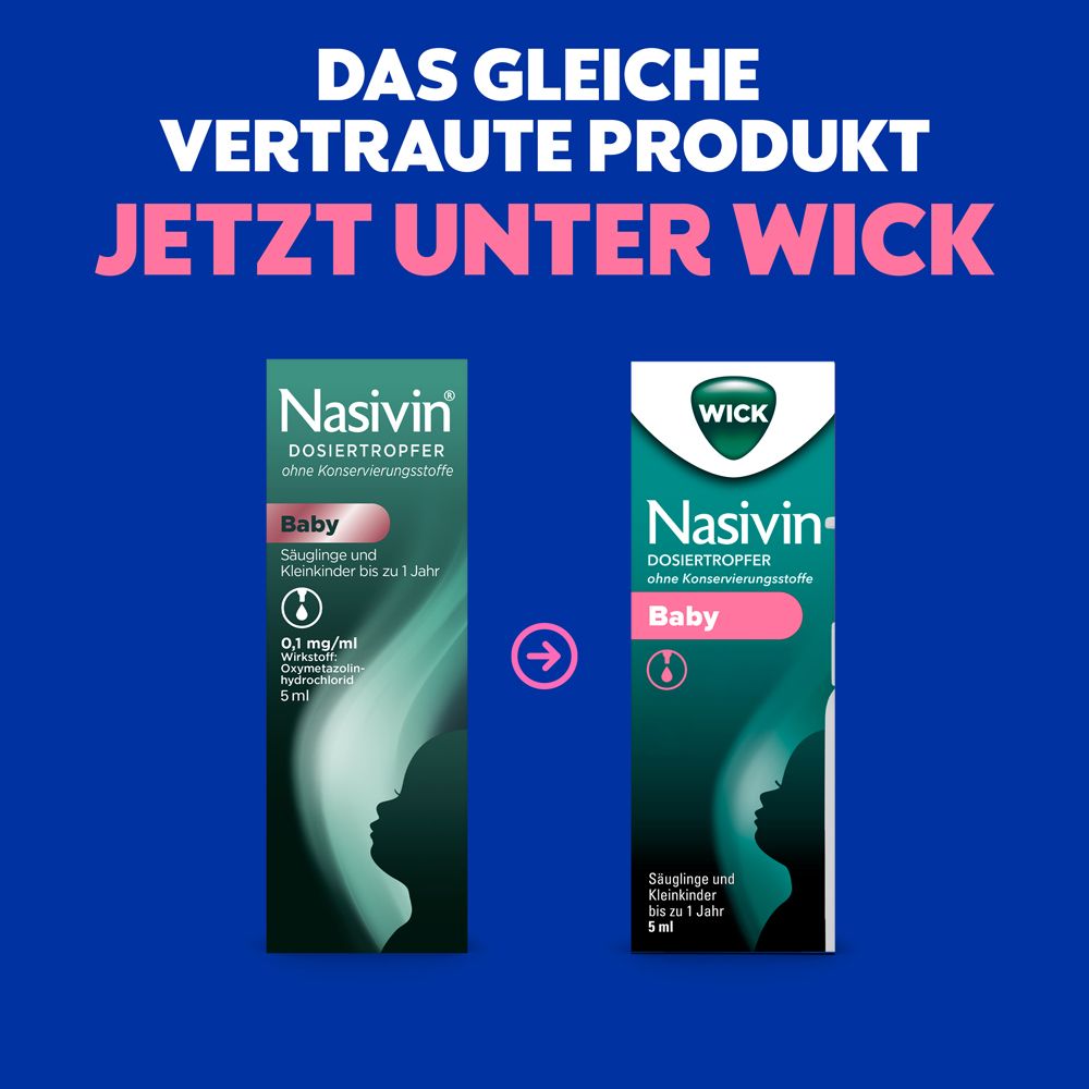Vergleich von Nasivin Baby-Verpackungen. Text: Das gleiche vertraute Produkt jetzt unter WICK.