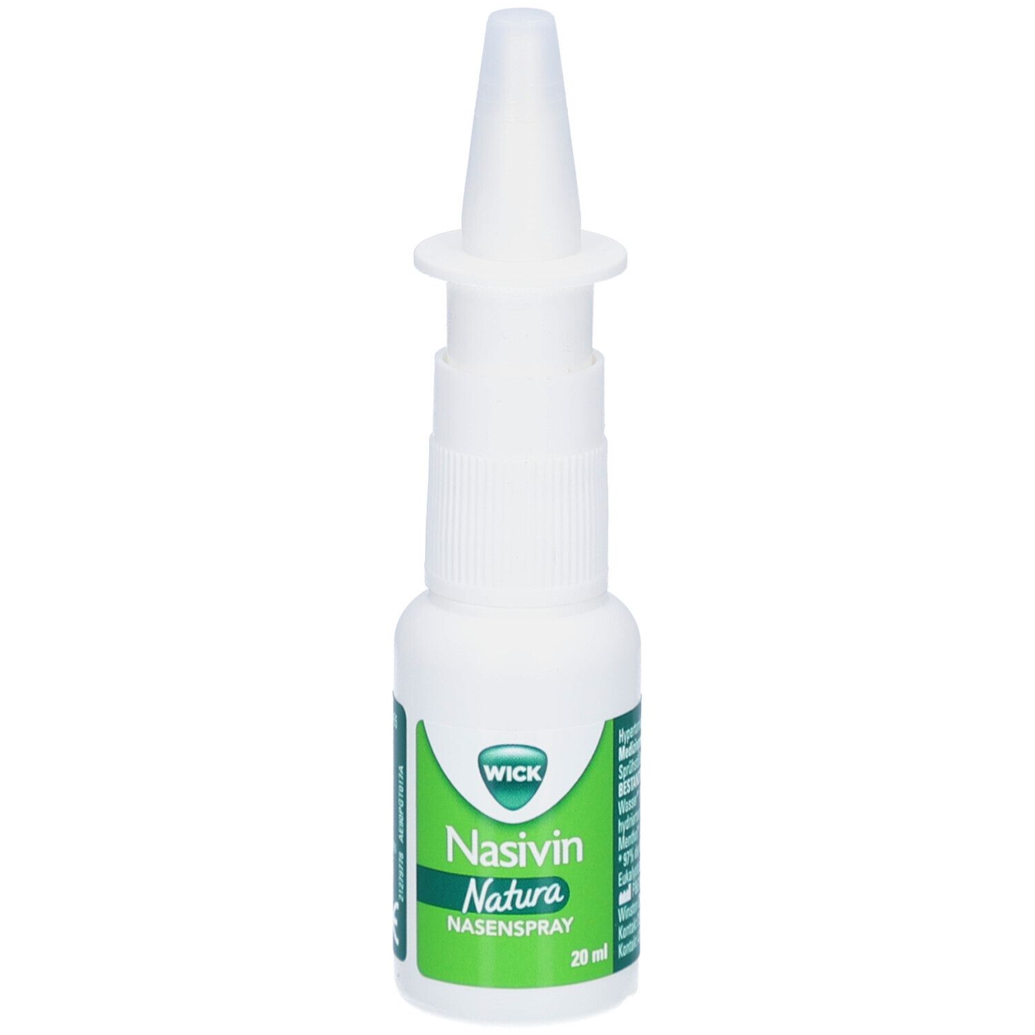 Weiße Nasenspray-Flasche mit Sprühkopf. Grün-weiße Etiketten mit Produktnamen und Logo.