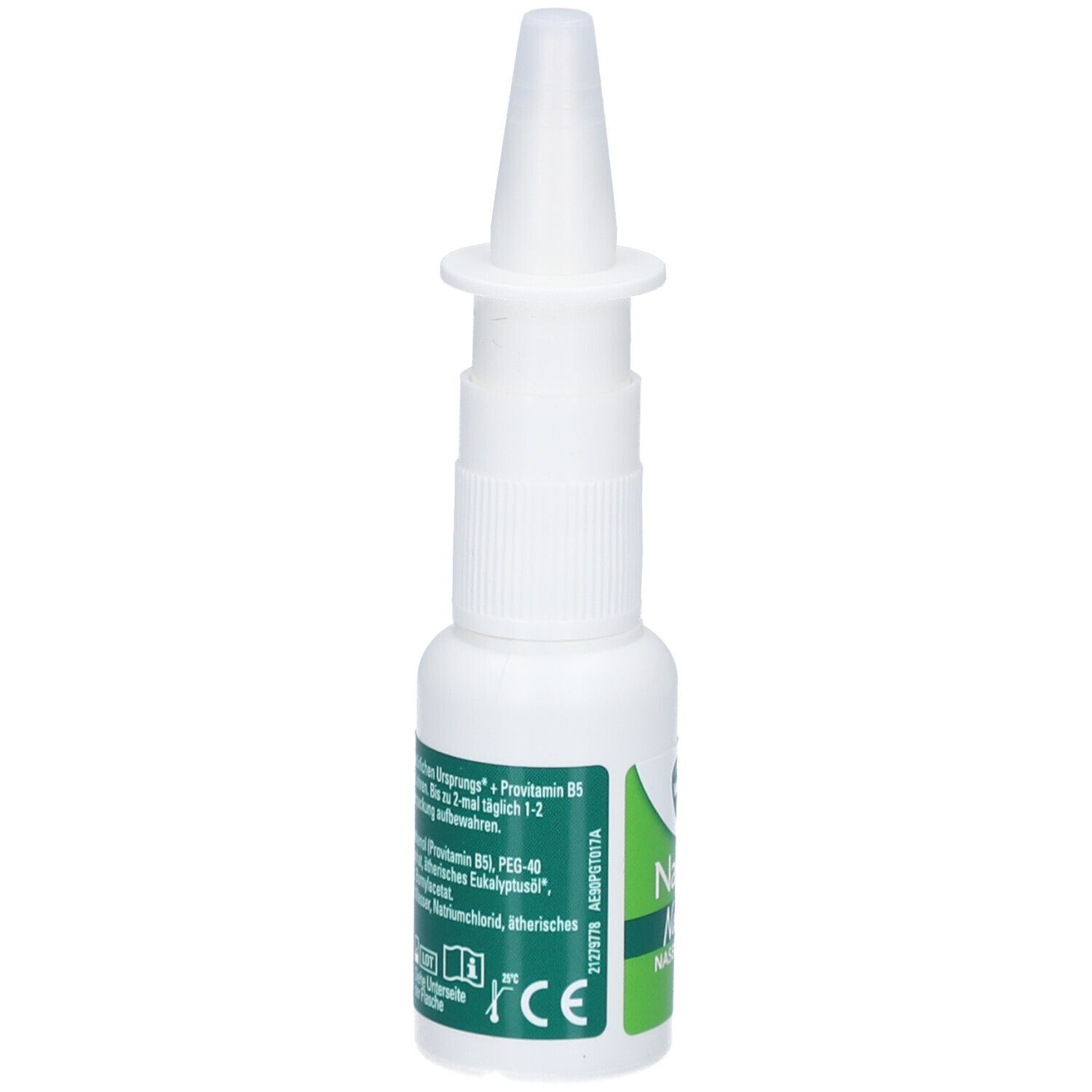 Weiße Nasenspray-Flasche mit Sprühkopf. Etikett mit Inhaltsstoffen und CE-Zeichen.