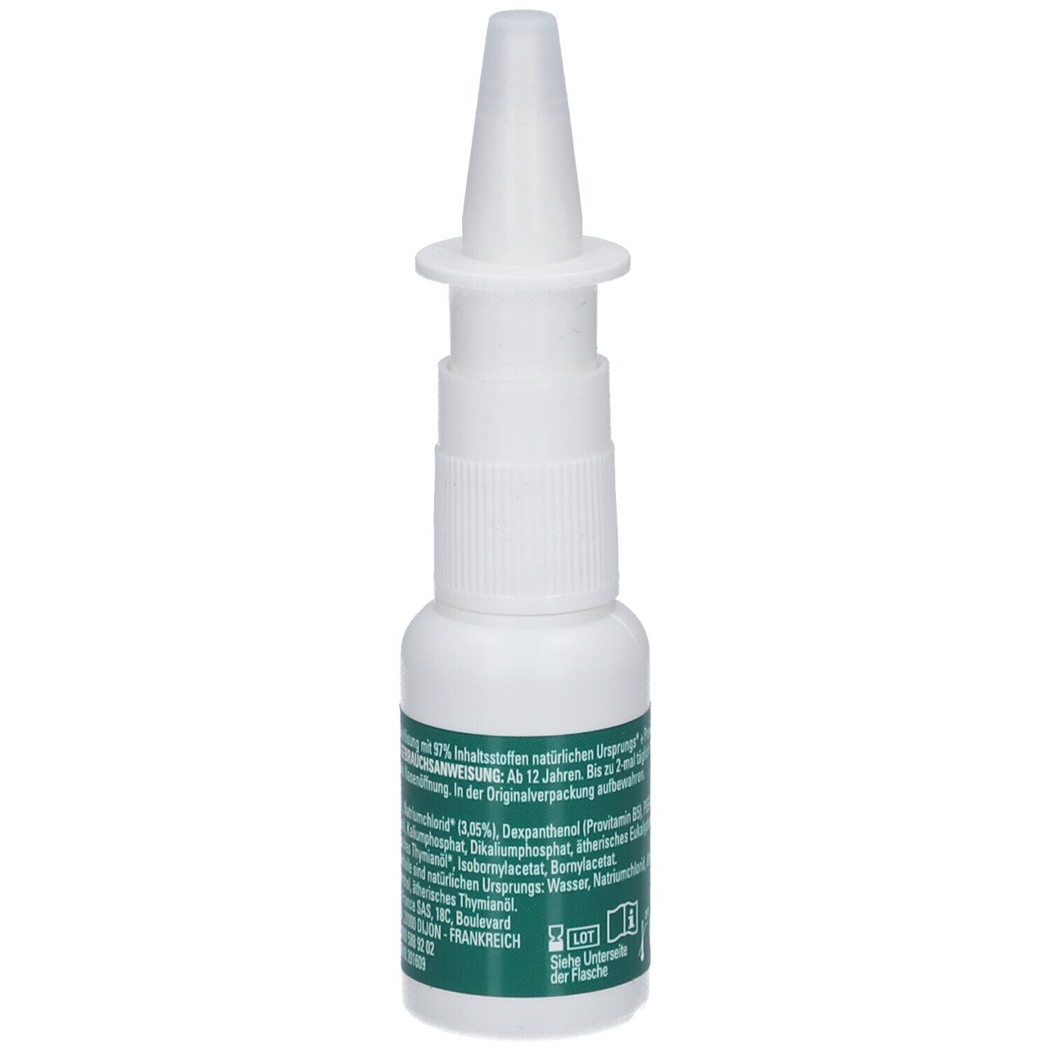 Weiße Nasenspray-Flasche mit Sprühkopf. Etikett mit Inhaltsstoffen und Herstellerinformationen.