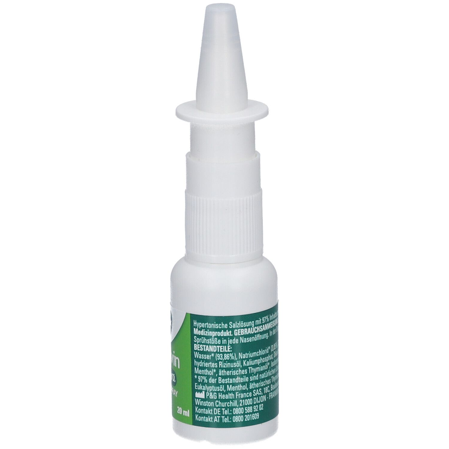 Weiße Nasenspray-Flasche mit Sprühkopf. Etikett mit Inhaltsstoffen und Herstellerinformationen.