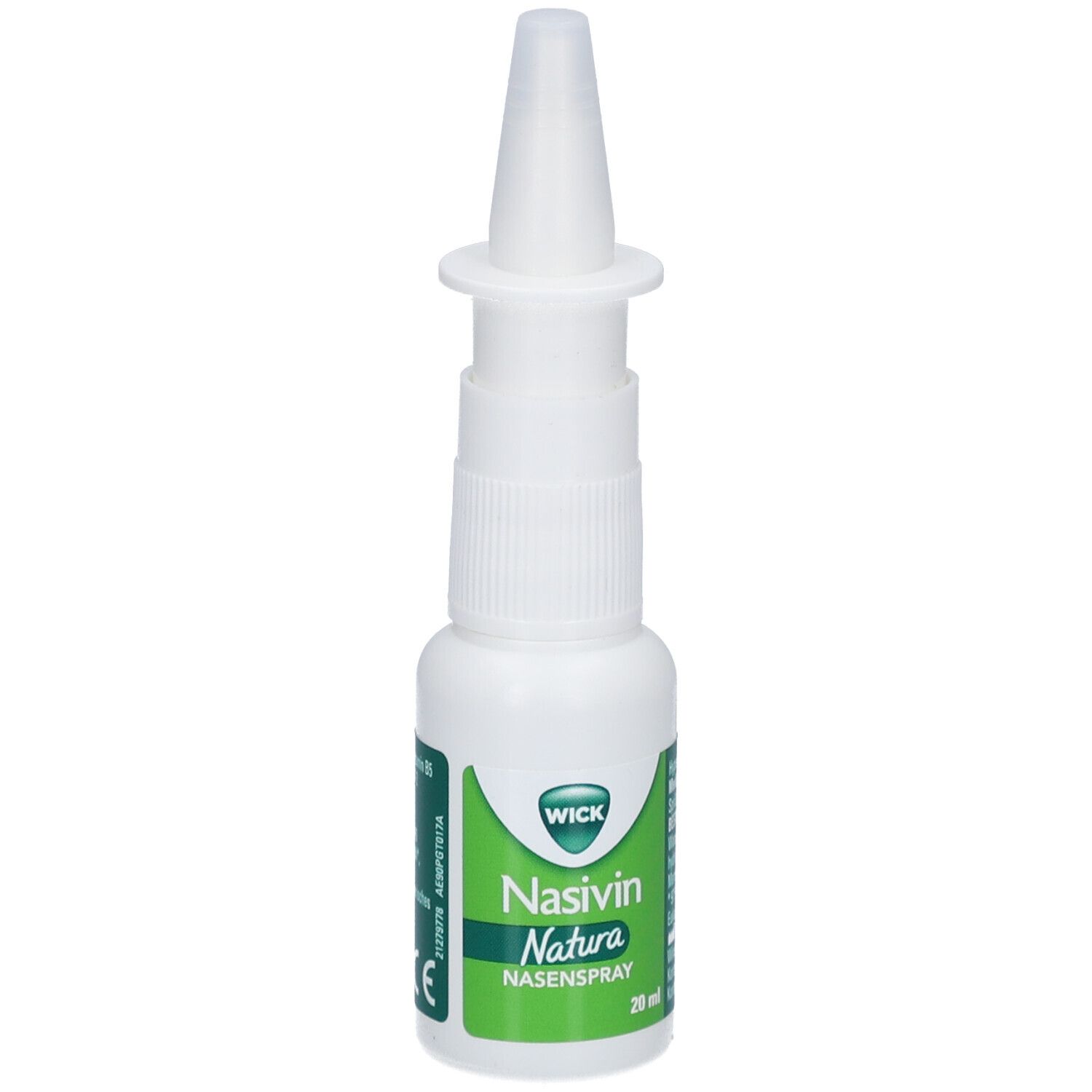 Weiße Nasenspray-Flasche mit Sprühkopf. Grün-weißes Etikett mit Produktnamen und Logo.