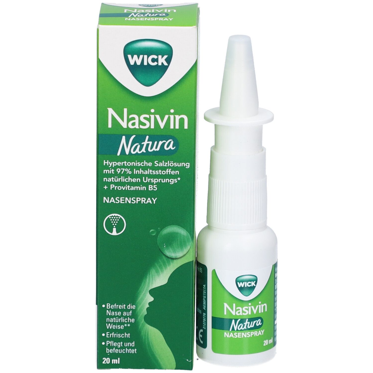 Nasenspray-Flasche und Verpackung. Weiße Flasche, grüne Verpackung mit Produktnamen und Logo.