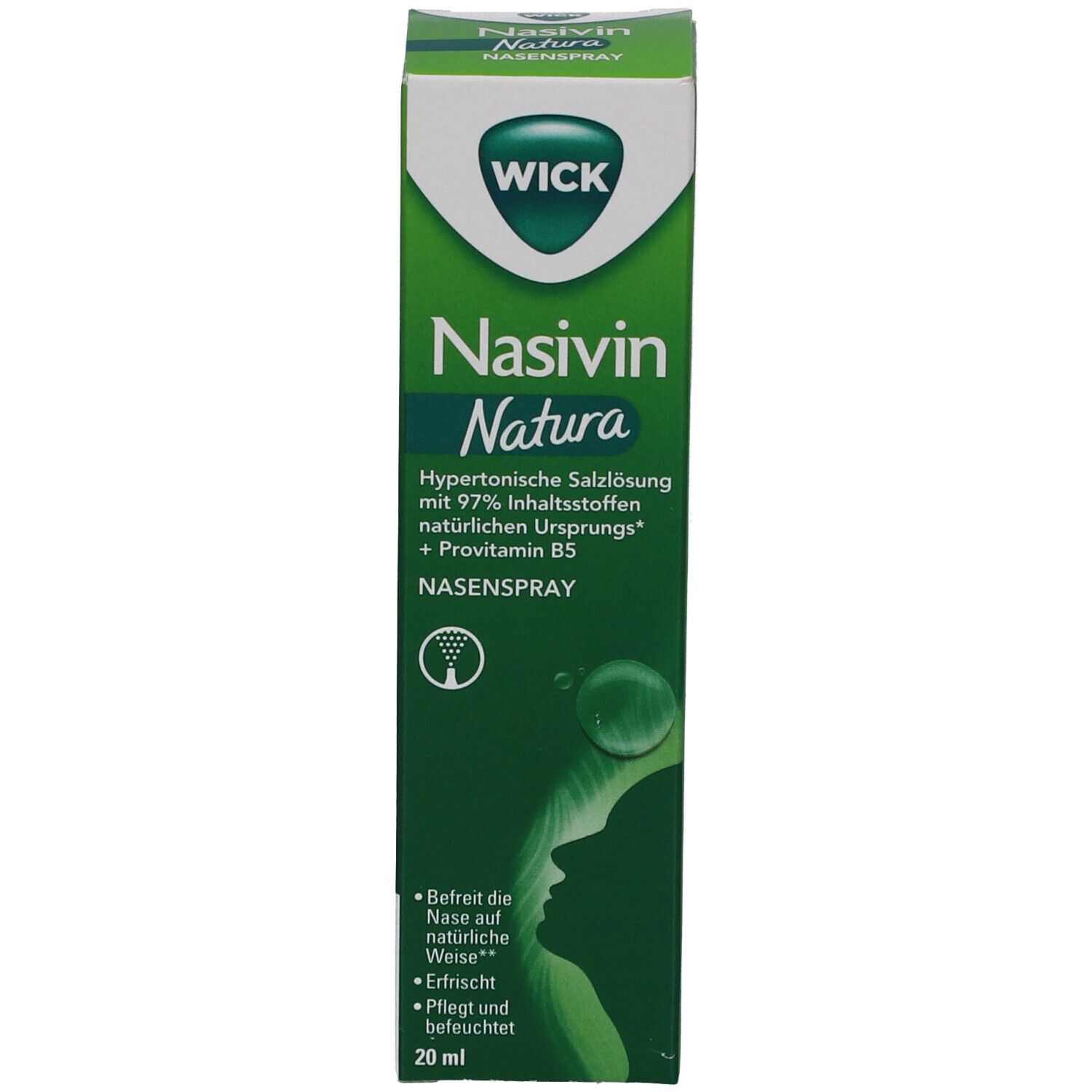 Grüne Produktverpackung. Weißes Logo und Produktname. Text über Inhaltsstoffe und Anwendung.