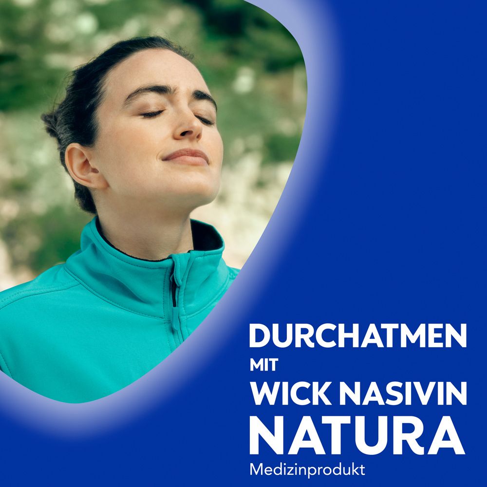 Frau atmet. Text: Durchatmen mit Wick Nasivin Natura. Medizinprodukt.