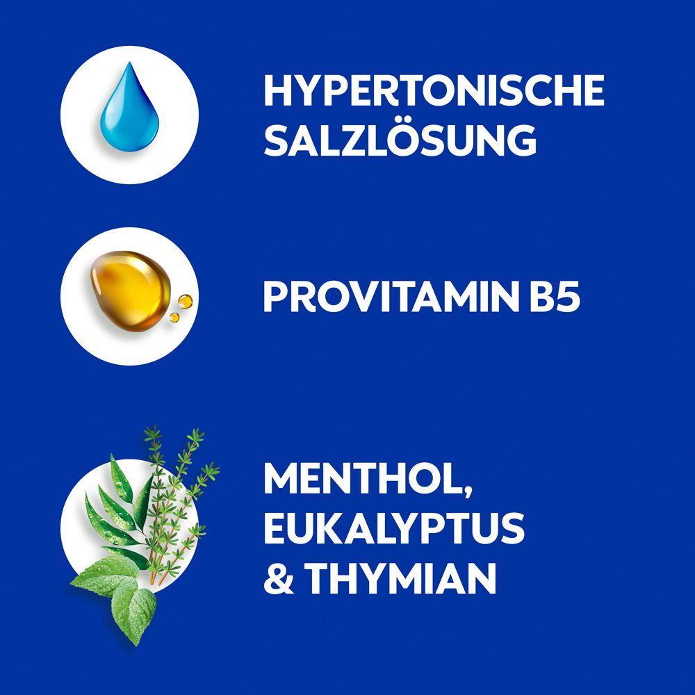 Text: Hypertone Salzlösung, Provitamin B5, Menthol, Eukalyptus & Thymian.
