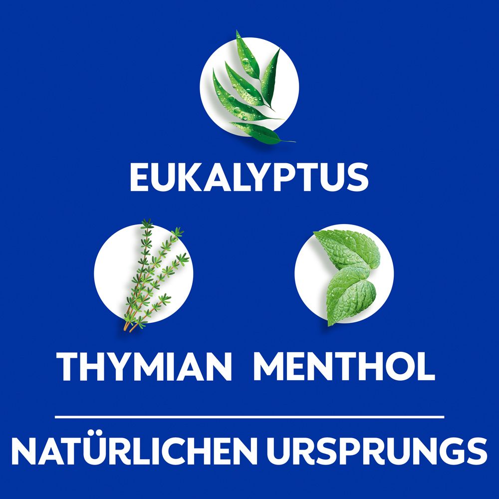 Text: Eukalyptus, Thymian, Menthol. Natürlichen Ursprungs.