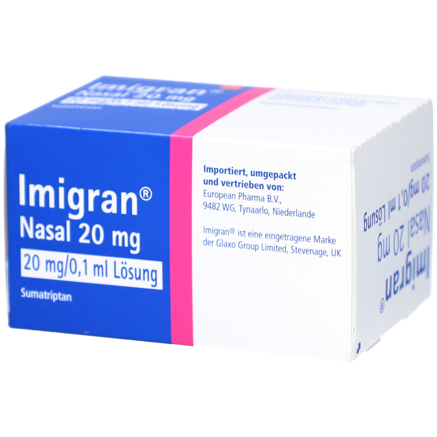 Karton mit Produktinformationen. Blaue und weiße Verpackung mit rosa Akzenten. Beschriftung: Imigran Nasal 20 mg.