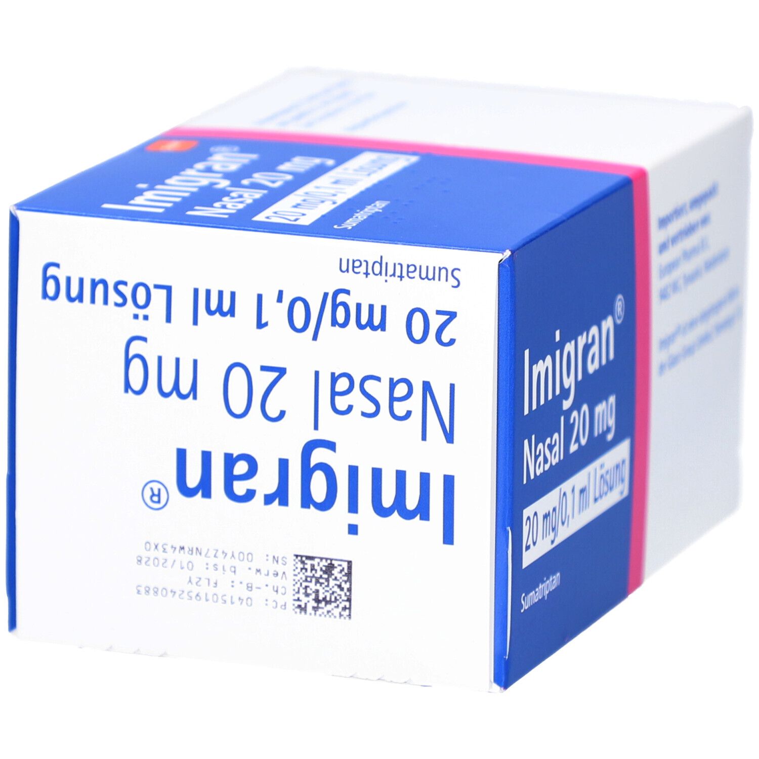 Karton mit Produktinformationen. Blaue und weiße Verpackung mit rosa Akzenten. Beschriftung: Imigran Nasal 20 mg.