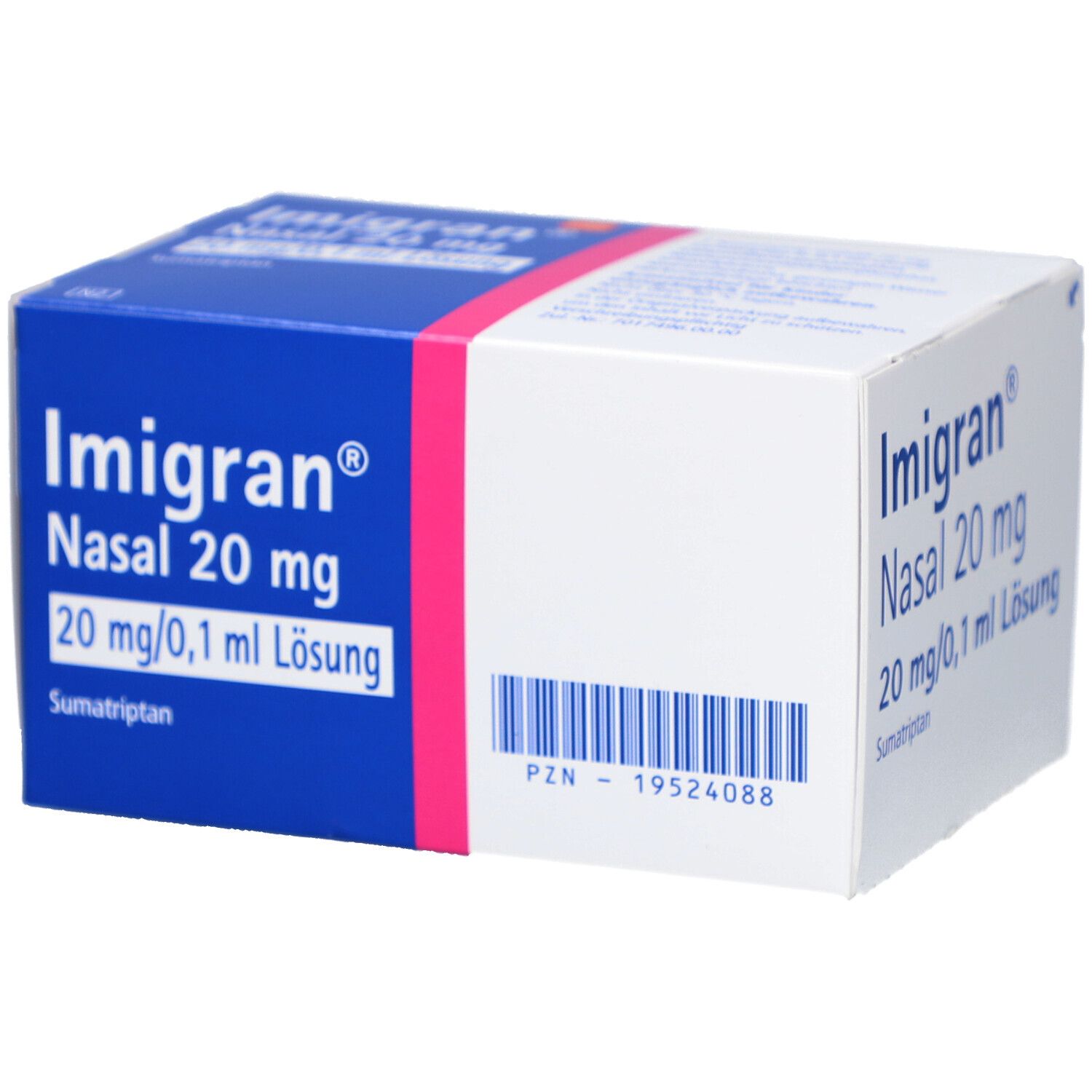 Karton mit Produktinformationen. Blaue und weiße Verpackung mit rosa Akzenten. Beschriftung: Imigran Nasal 20 mg.