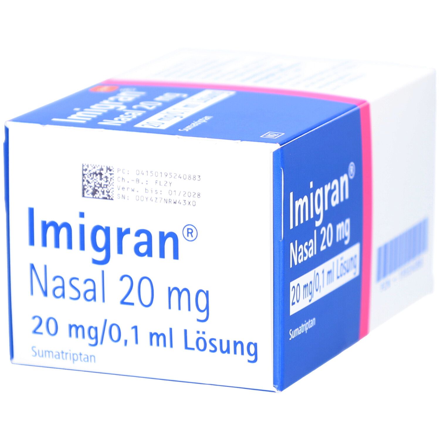 Karton mit Produktinformationen. Blaue und weiße Verpackung mit rosa Akzenten. Beschriftung: Imigran Nasal 20 mg.