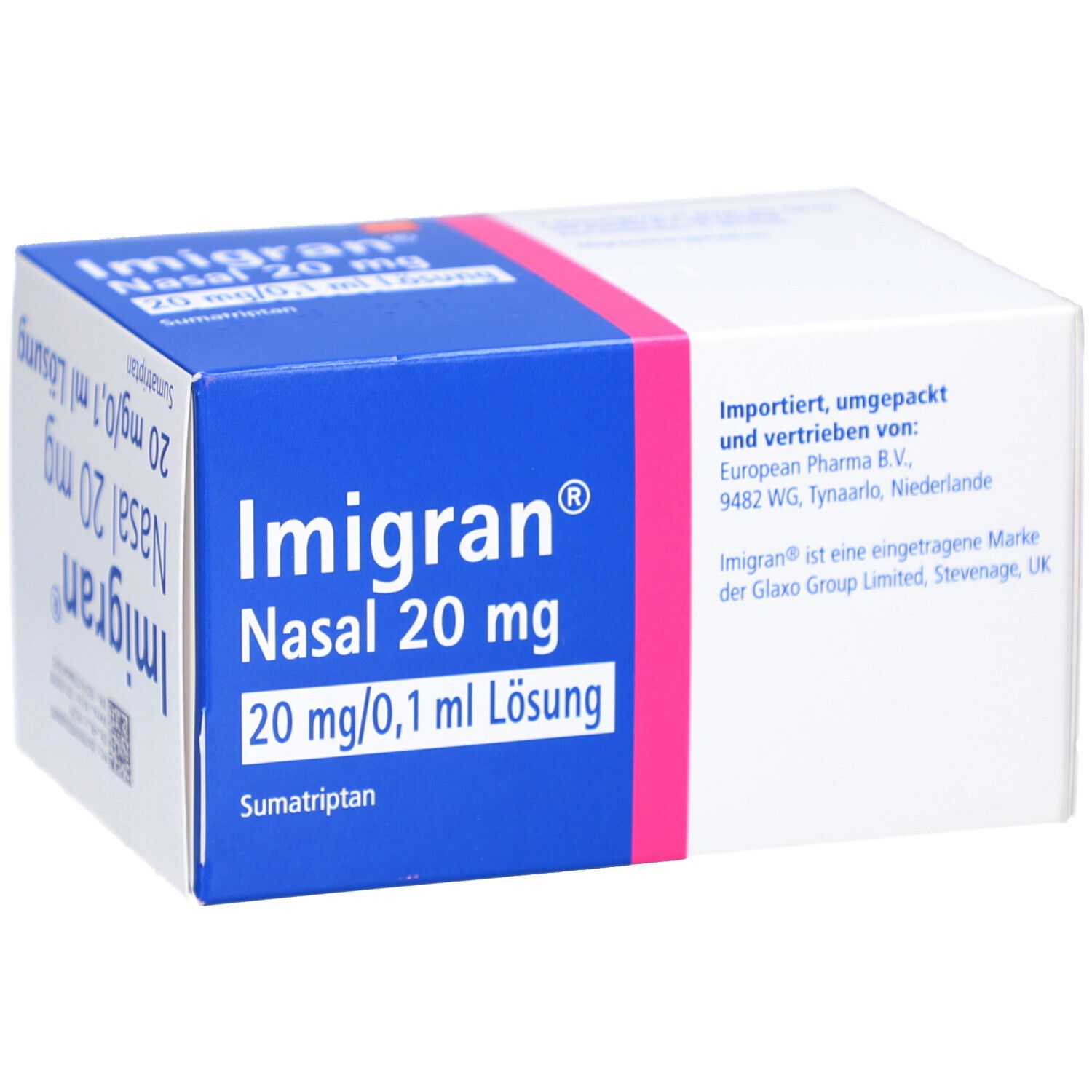 Karton mit Produktinformationen. Blaue und weiße Verpackung mit rosa Akzenten. Beschriftung: Imigran Nasal 20 mg.