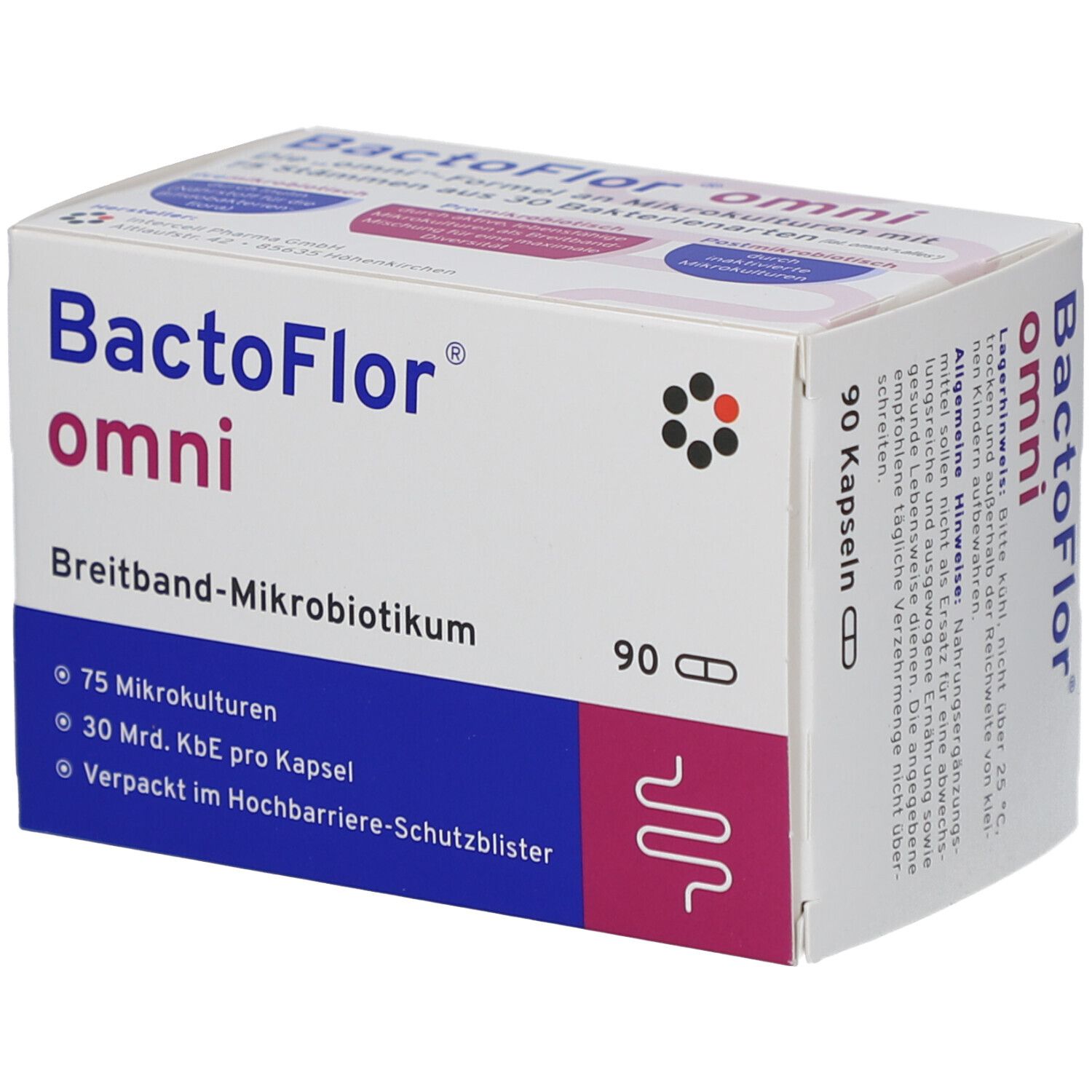 BactoFlor omni Hartkapseln-Packung. Weiß, blau und rosa. 90 Kapseln. Text: Breitband-Mikrobiotikum, 75 Mikrokulturen, 30 Mrd. KBE pro Kapsel.