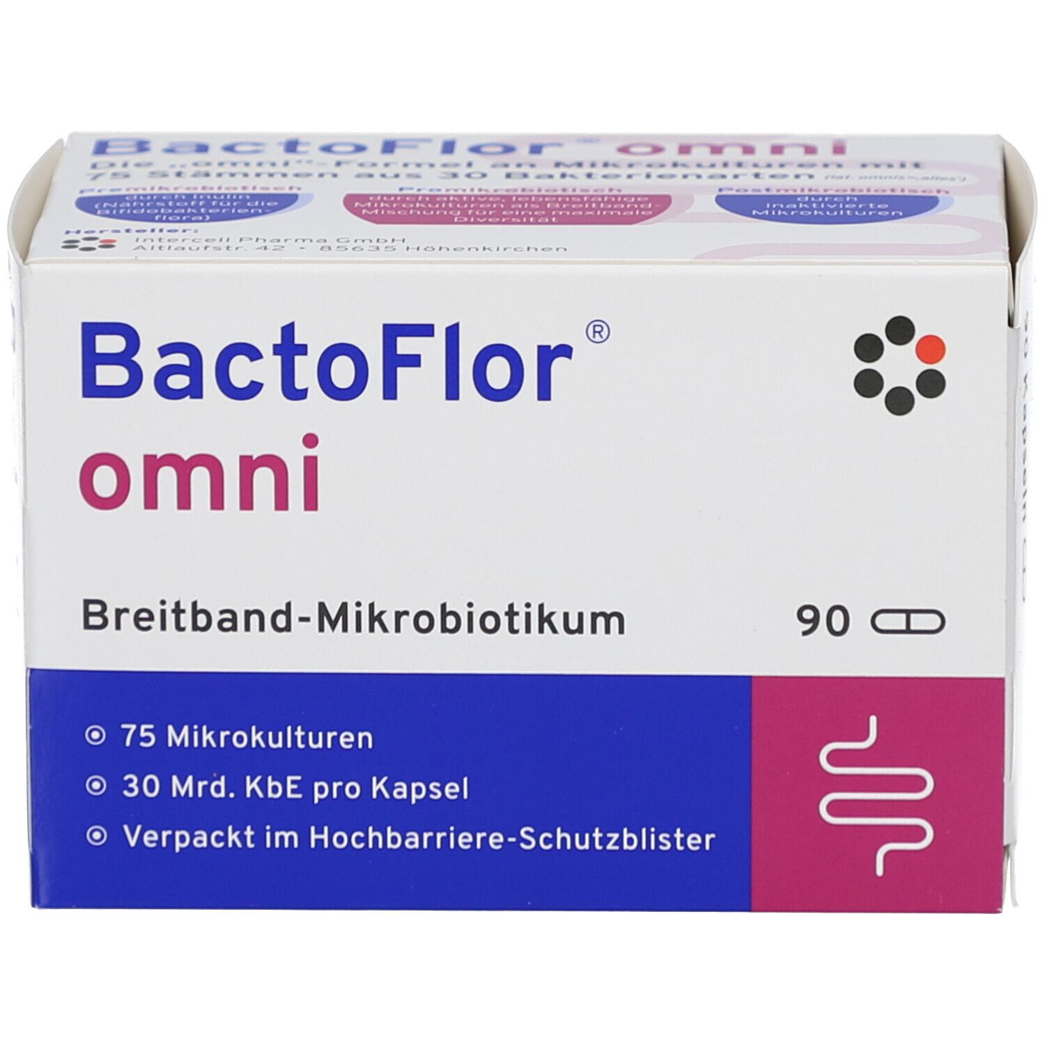BactoFlor omni Hartkapseln-Packung. Weiß, blau und rosa. 90 Kapseln. Text: Breitband-Mikrobiotikum, 75 Mikrokulturen, 30 Mrd. KBE pro Kapsel.