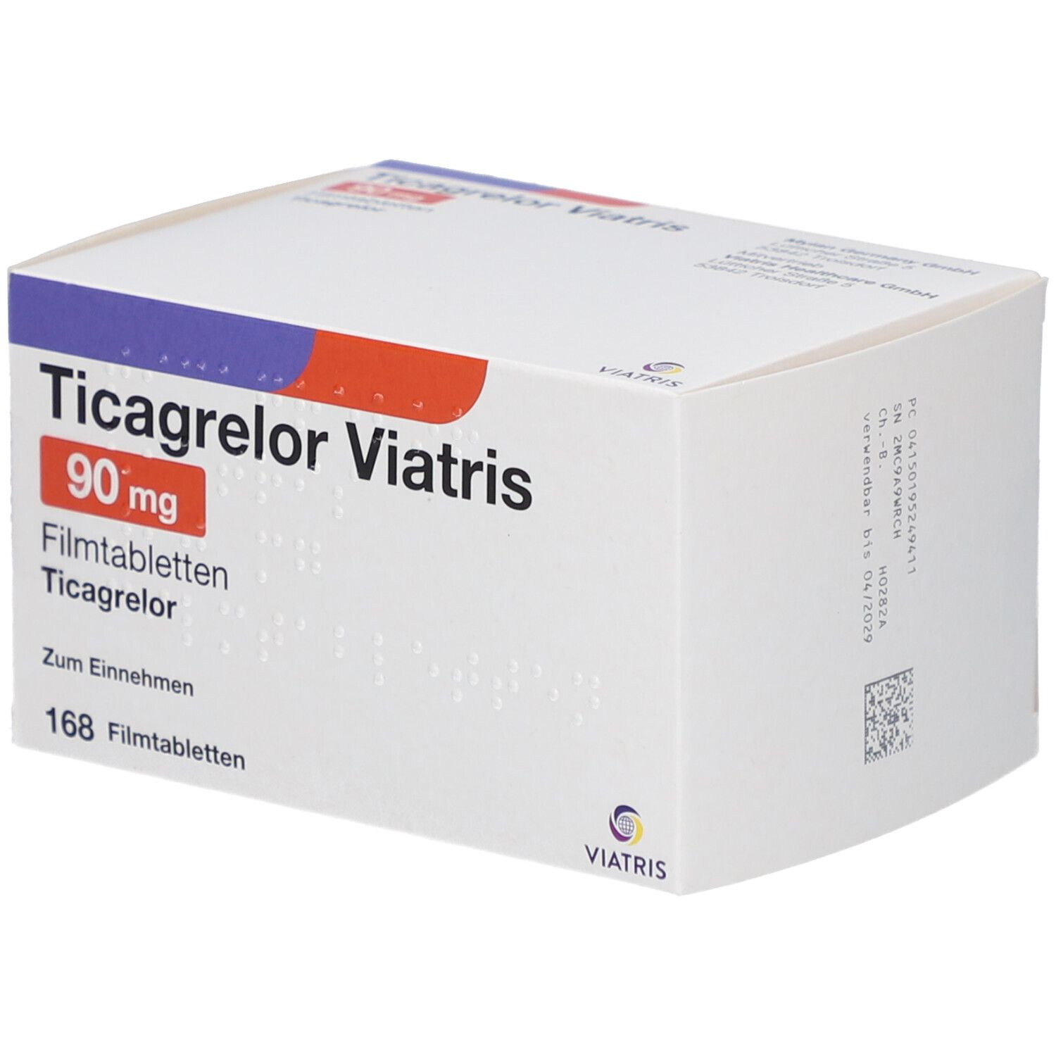 Schachtel mit Ticagrelor Viatris 90 mg Filmtabletten. Weiße Verpackung mit blauen und roten Akzenten. Schriftzug.