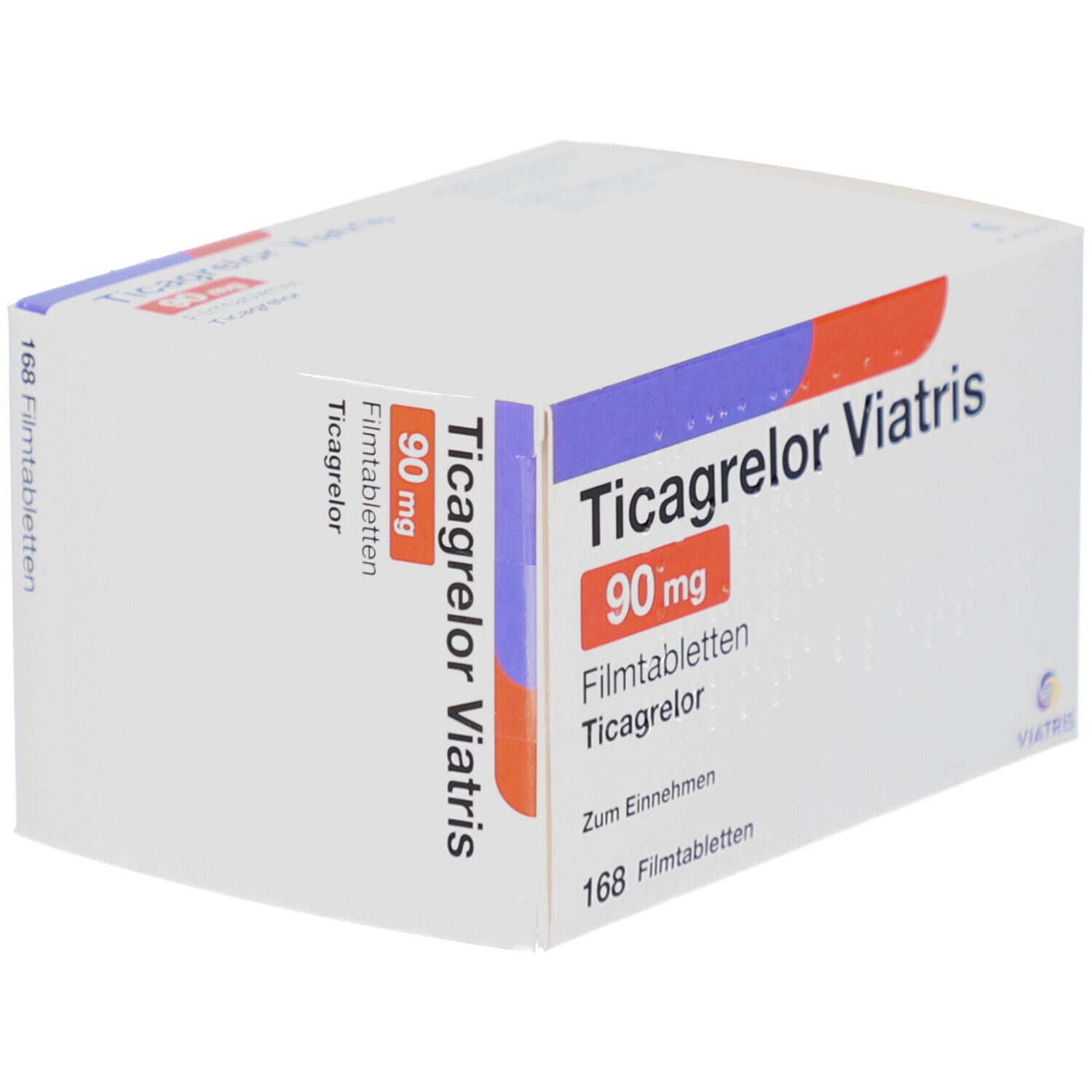 Schachtel Ticagrelor Viatris 90 mg Filmtabletten. Weiße Verpackung mit blauen und roten Akzenten. Text und Logo.