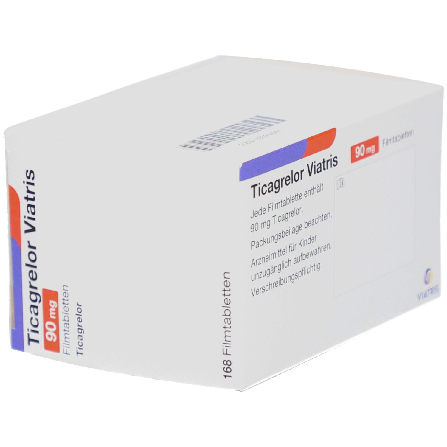 Schachtel Ticagrelor Viatris 90 mg Filmtabletten. Weiße Verpackung mit Text. Rückseite mit weiteren Informationen.