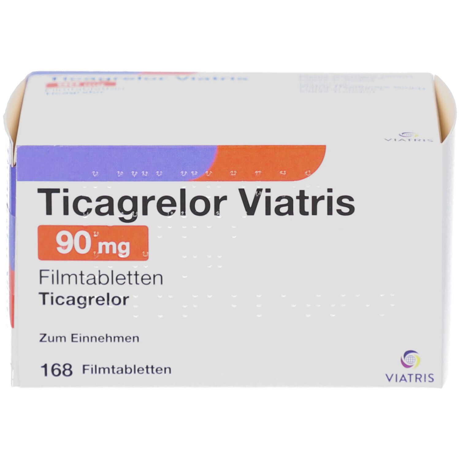 Schachtel Ticagrelor Viatris 90 mg Filmtabletten. Weiße Verpackung mit blauen und roten Akzenten. Schriftzug.