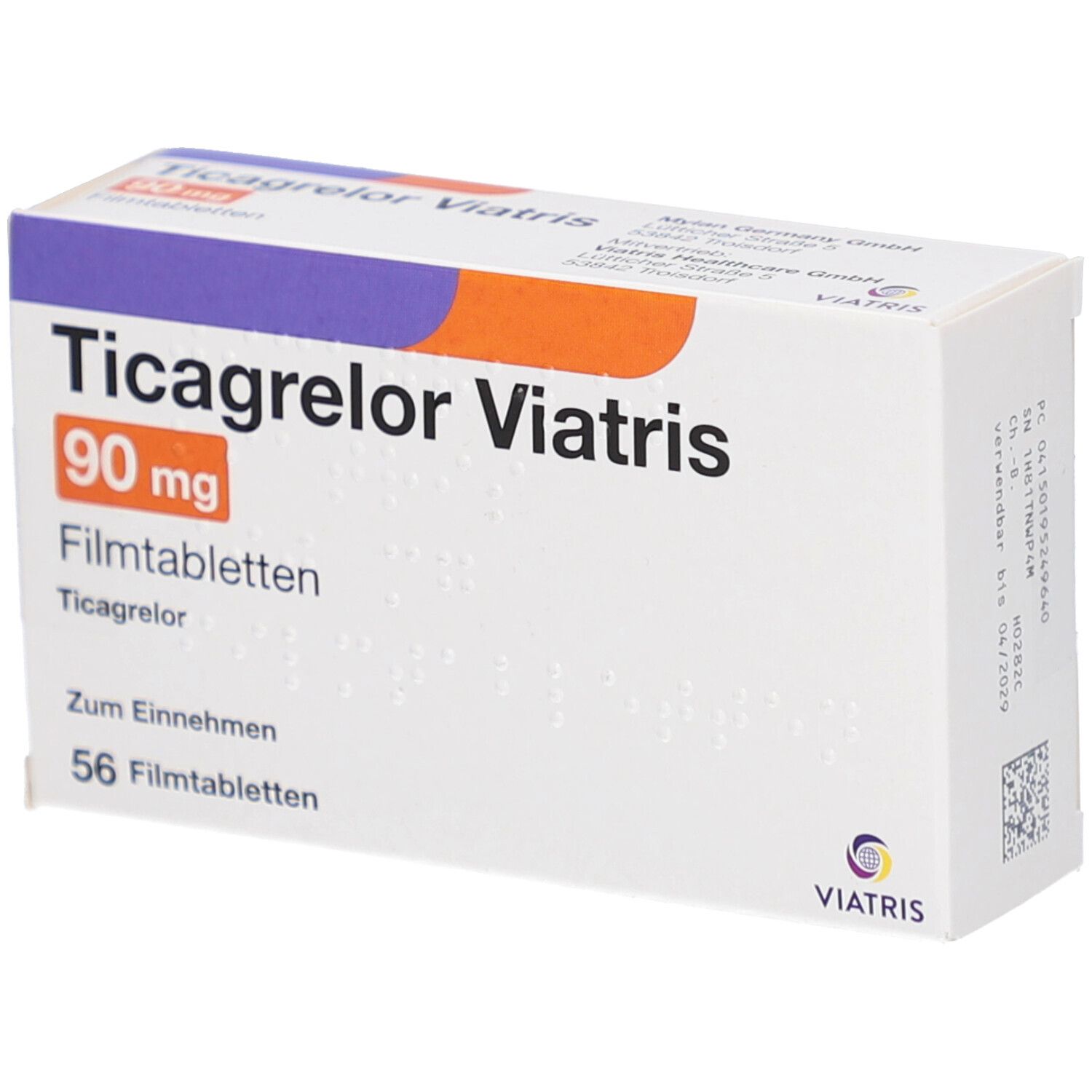 Schachtel mit Ticagrelor Viatris 90 mg Filmtabletten. Orangefarbenes Feld mit Dosierung. 56 Filmtabletten. Viatris Logo.