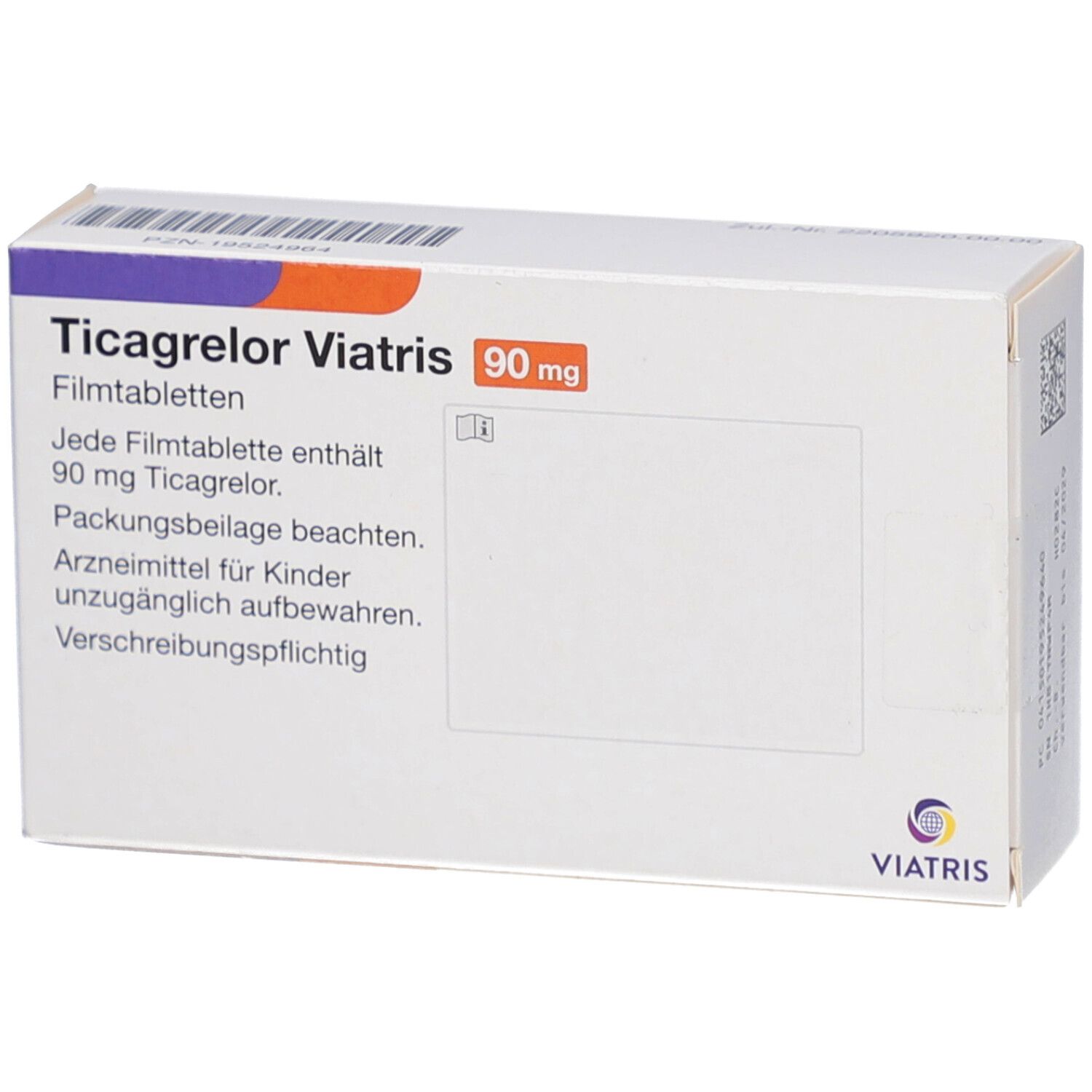 Schachtel Ticagrelor Viatris 90 mg Filmtabletten. Textinformationen auf weißem Hintergrund. Viatris Logo. Rückseite.