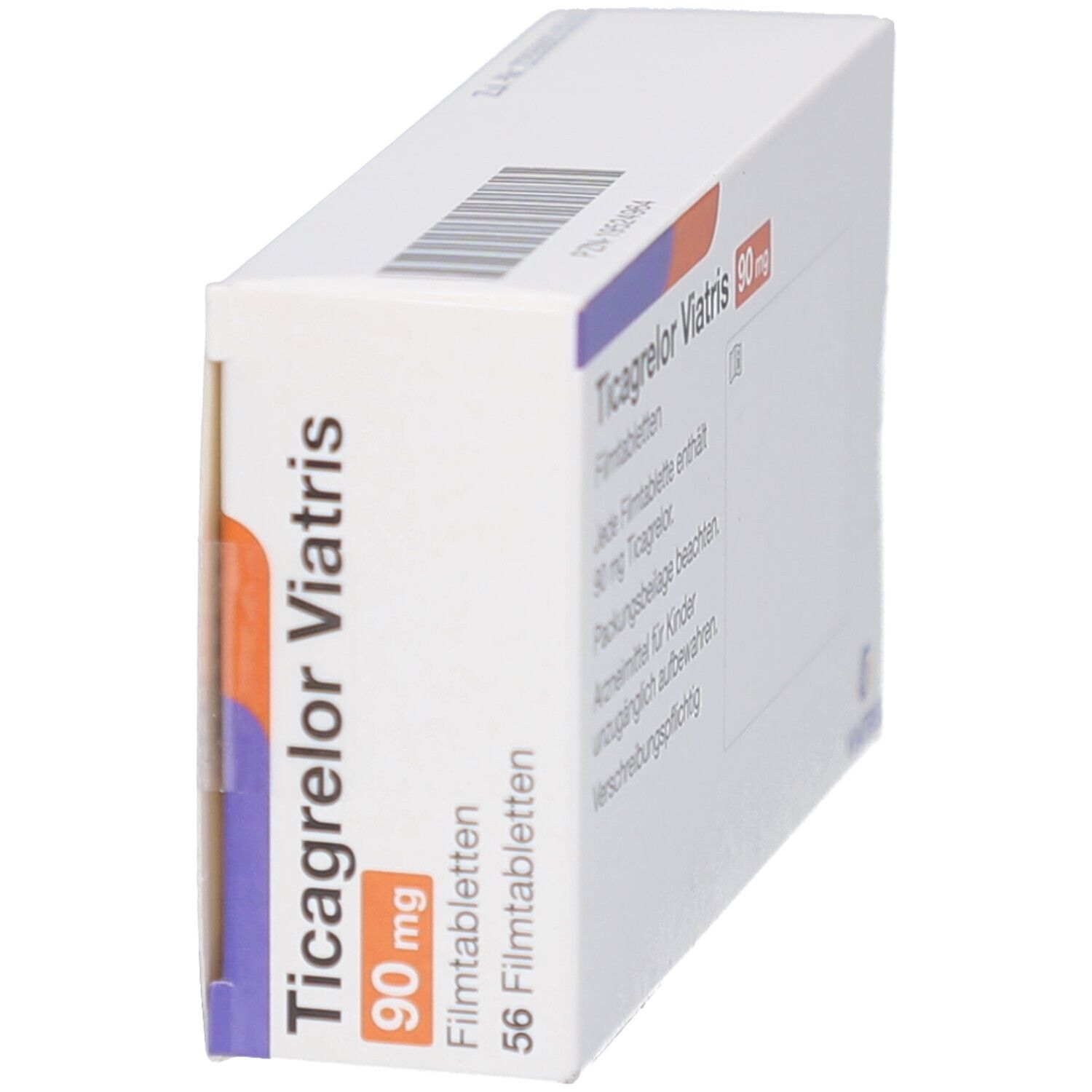 Schachtel Ticagrelor Viatris 90 mg Filmtabletten. Orangefarbenes Feld mit Dosierung. 56 Filmtabletten. Schräge Ansicht.