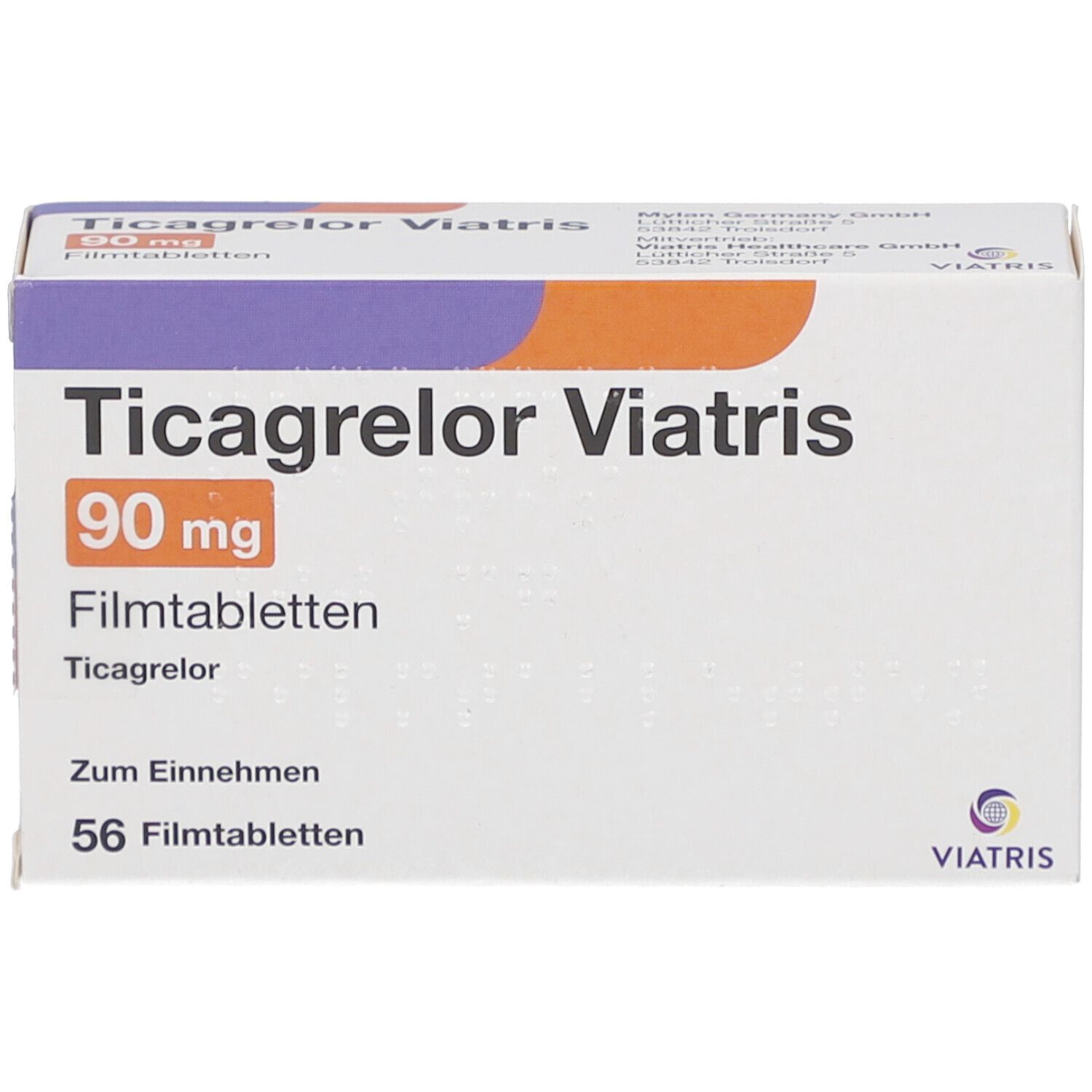 Schachtel Ticagrelor Viatris 90 mg Filmtabletten. Orangefarbenes Feld mit Dosierung. 56 Filmtabletten. Viatris Logo.