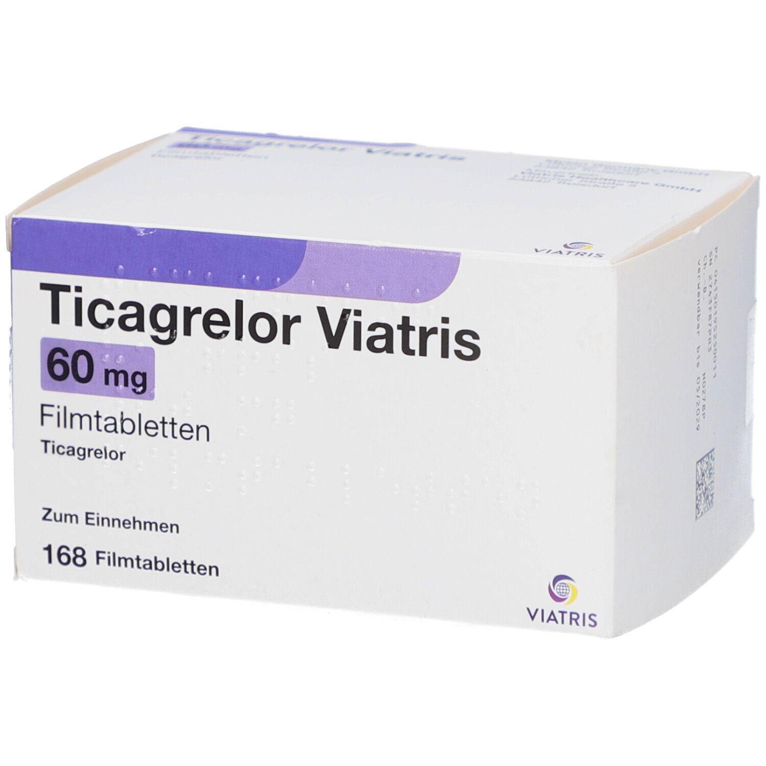 Schachtel mit Ticagrelor Viatris 60 mg Filmtabletten. Aufschrift: 168 Filmtabletten. Viatris Logo.