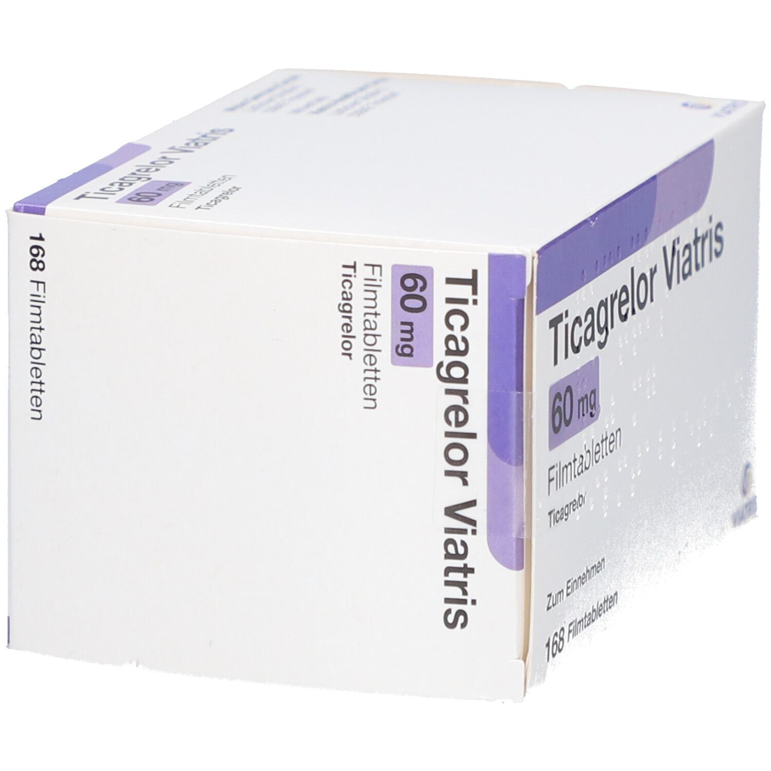 Schachtel mit Ticagrelor Viatris 60 mg Filmtabletten. Aufschrift: 168 Filmtabletten. Viatris Logo.