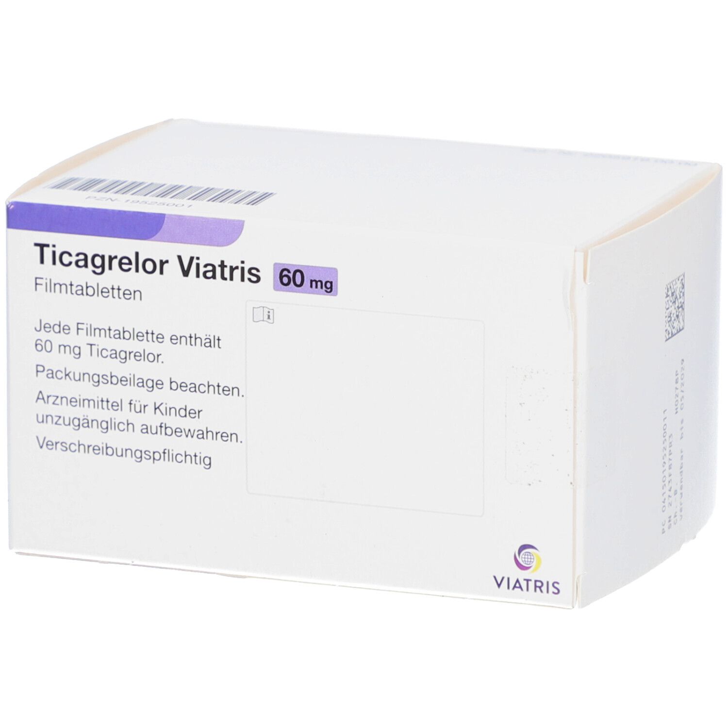 Schachtel mit Ticagrelor Viatris 60 mg Filmtabletten. Aufschrift: 168 Filmtabletten. Viatris Logo.