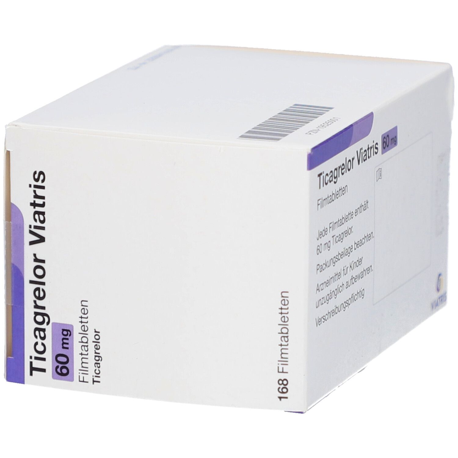 Schachtel mit Ticagrelor Viatris 60 mg Filmtabletten. Aufschrift: 168 Filmtabletten. Viatris Logo.