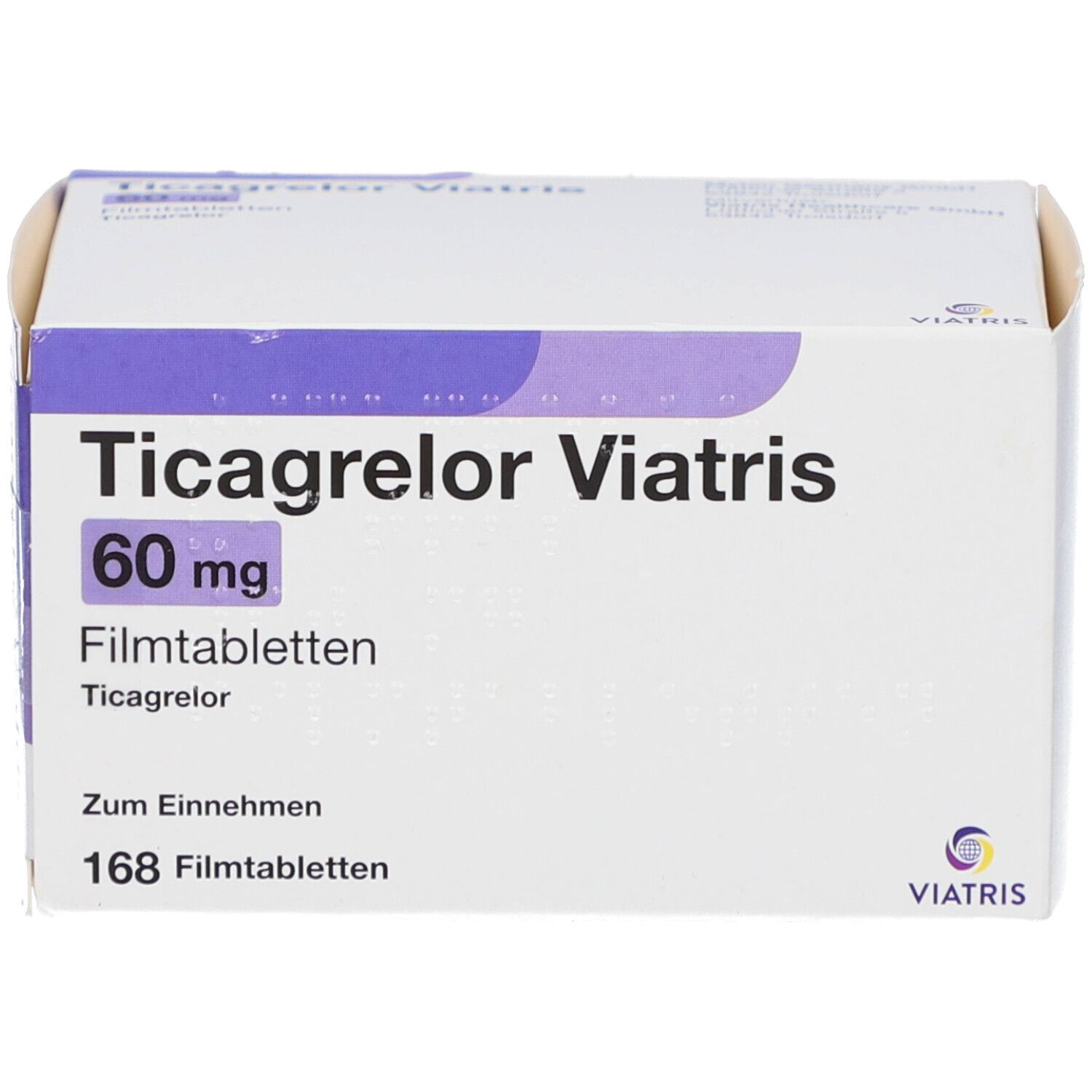 Schachtel mit Ticagrelor Viatris 60 mg Filmtabletten. Aufschrift: 168 Filmtabletten. Viatris Logo.
