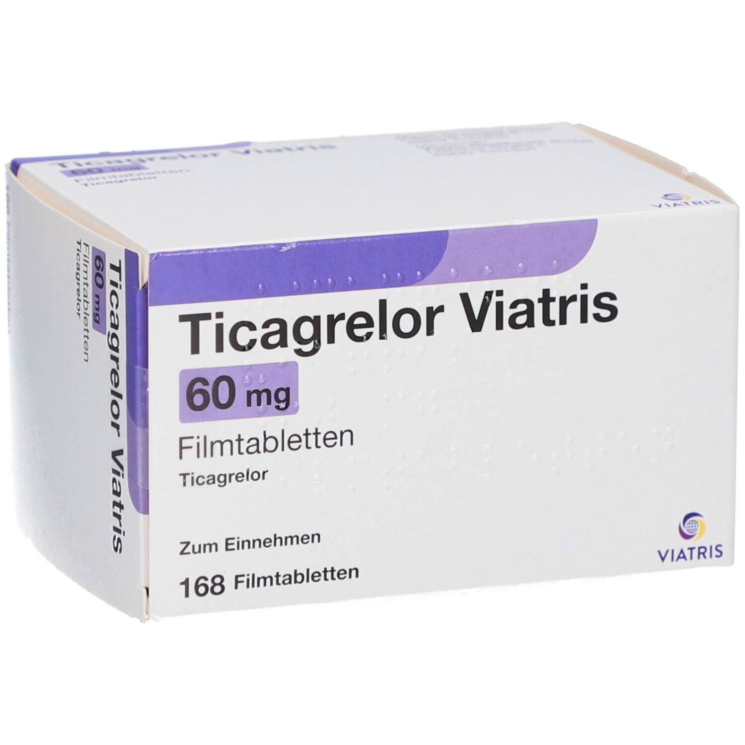 Schachtel mit Ticagrelor Viatris 60 mg Filmtabletten. Aufschrift: 168 Filmtabletten. Viatris Logo.