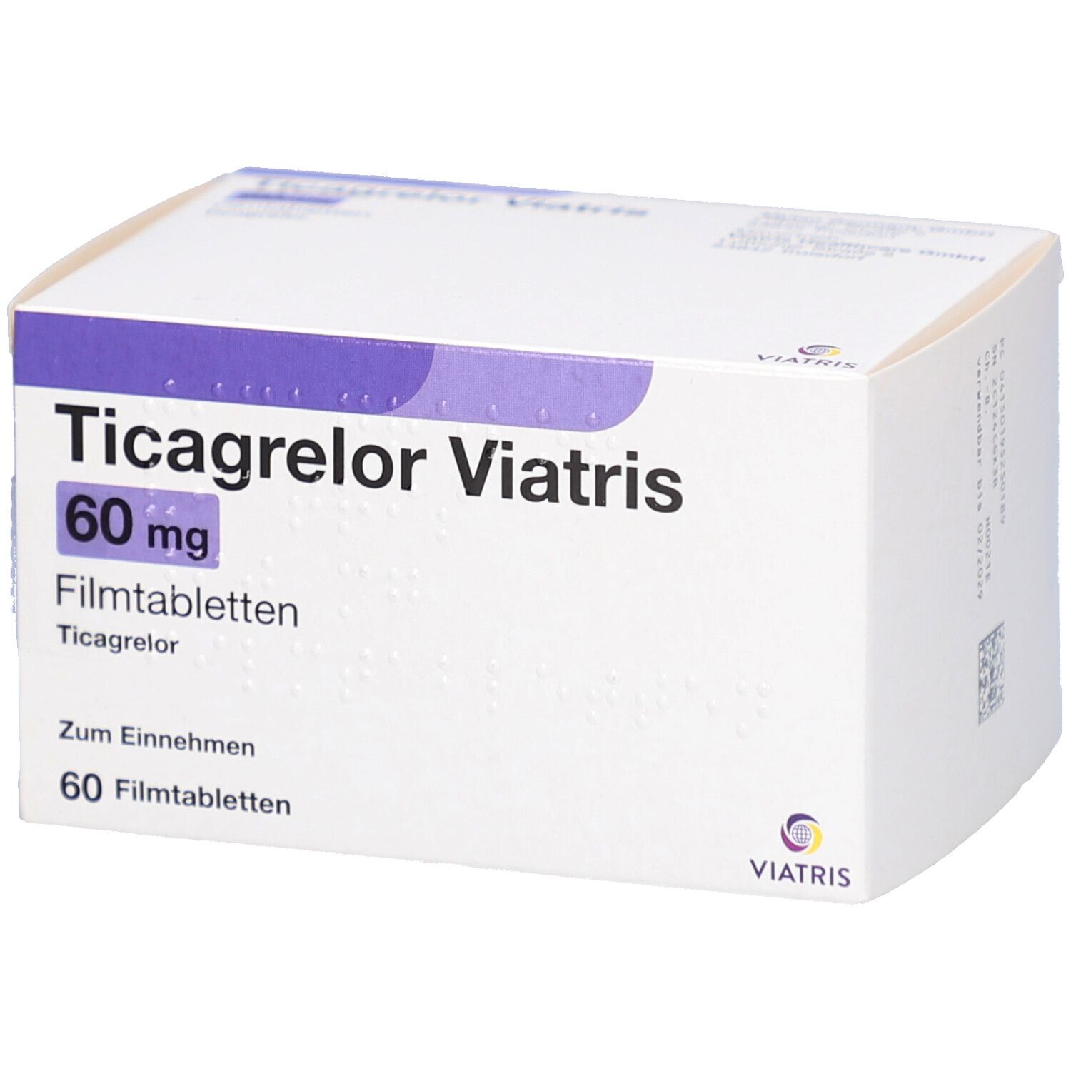 Schachtel mit Ticagrelor Viatris 60 mg Filmtabletten. Aufschrift: 60 mg, 60 Filmtabletten. Viatris Logo.