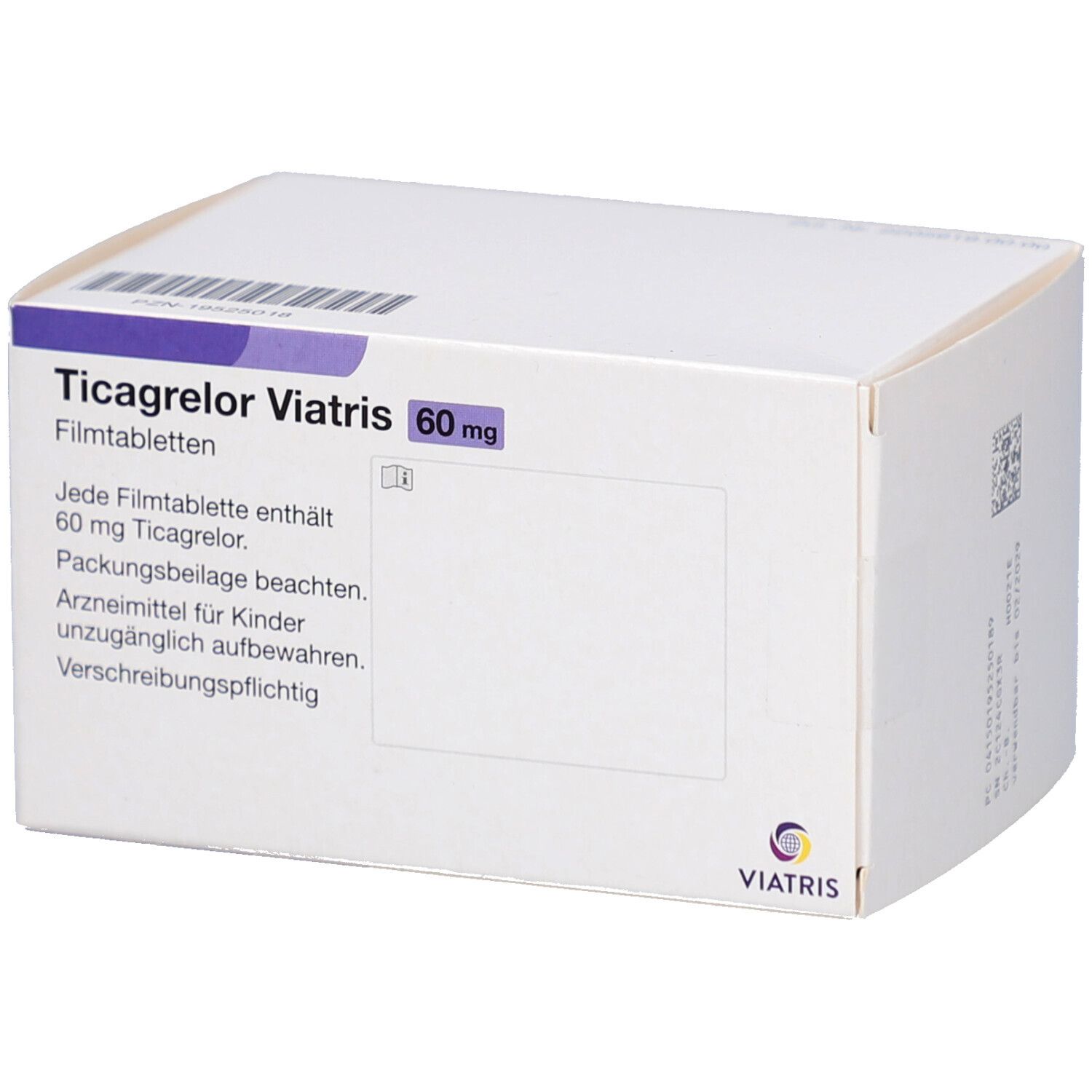 Schachtel mit Ticagrelor Viatris 60 mg Filmtabletten. Aufschrift: 60 mg, 60 Filmtabletten. Viatris Logo.