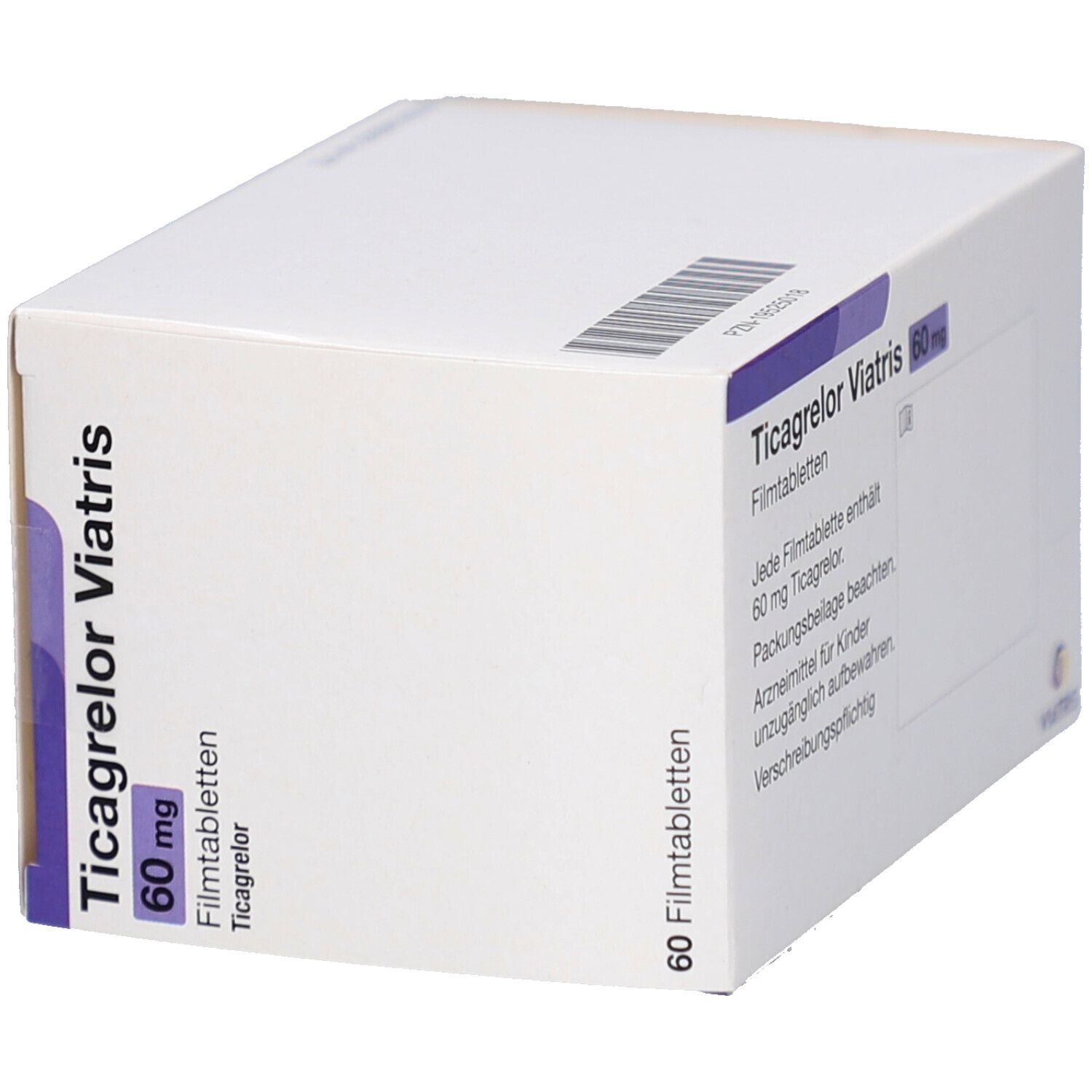 Schachtel mit Ticagrelor Viatris 60 mg Filmtabletten. Aufschrift: 60 mg, 60 Filmtabletten. Viatris Logo.