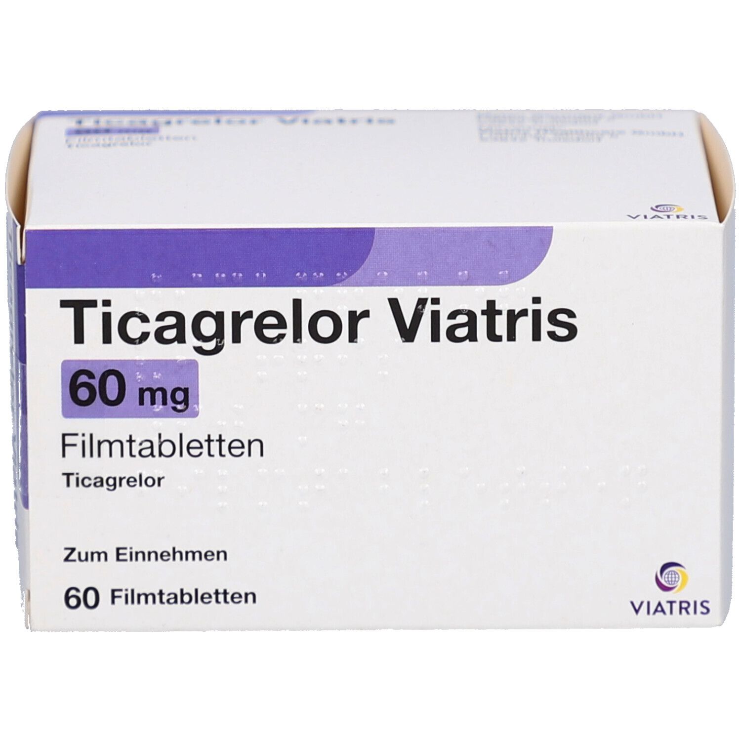 Schachtel mit Ticagrelor Viatris 60 mg Filmtabletten. Aufschrift: 60 mg, 60 Filmtabletten. Viatris Logo.