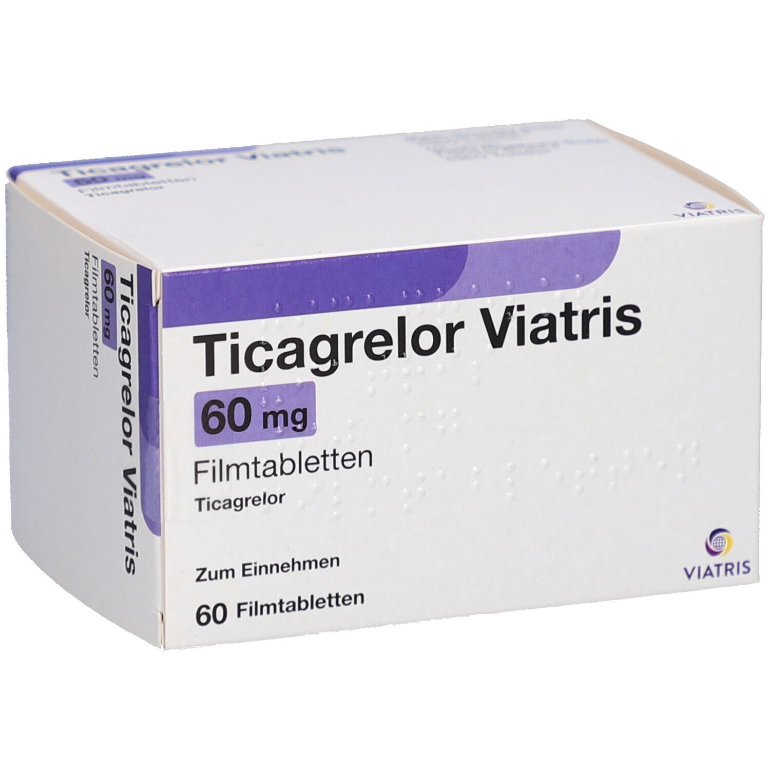 Schachtel mit Ticagrelor Viatris 60 mg Filmtabletten. Aufschrift: 60 mg, 60 Filmtabletten. Viatris Logo.