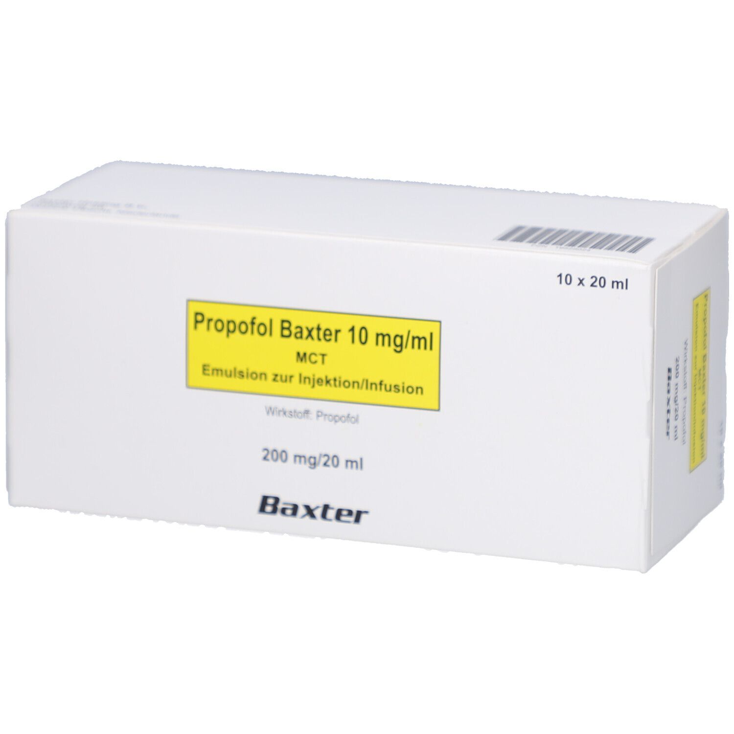 Weiße Kartonverpackung mit gelbem Etikett. Beschriftung: Propofol Baxter 10 mg/ml, Emulsion zur Injektion/Infusion. 10 x 20 ml.