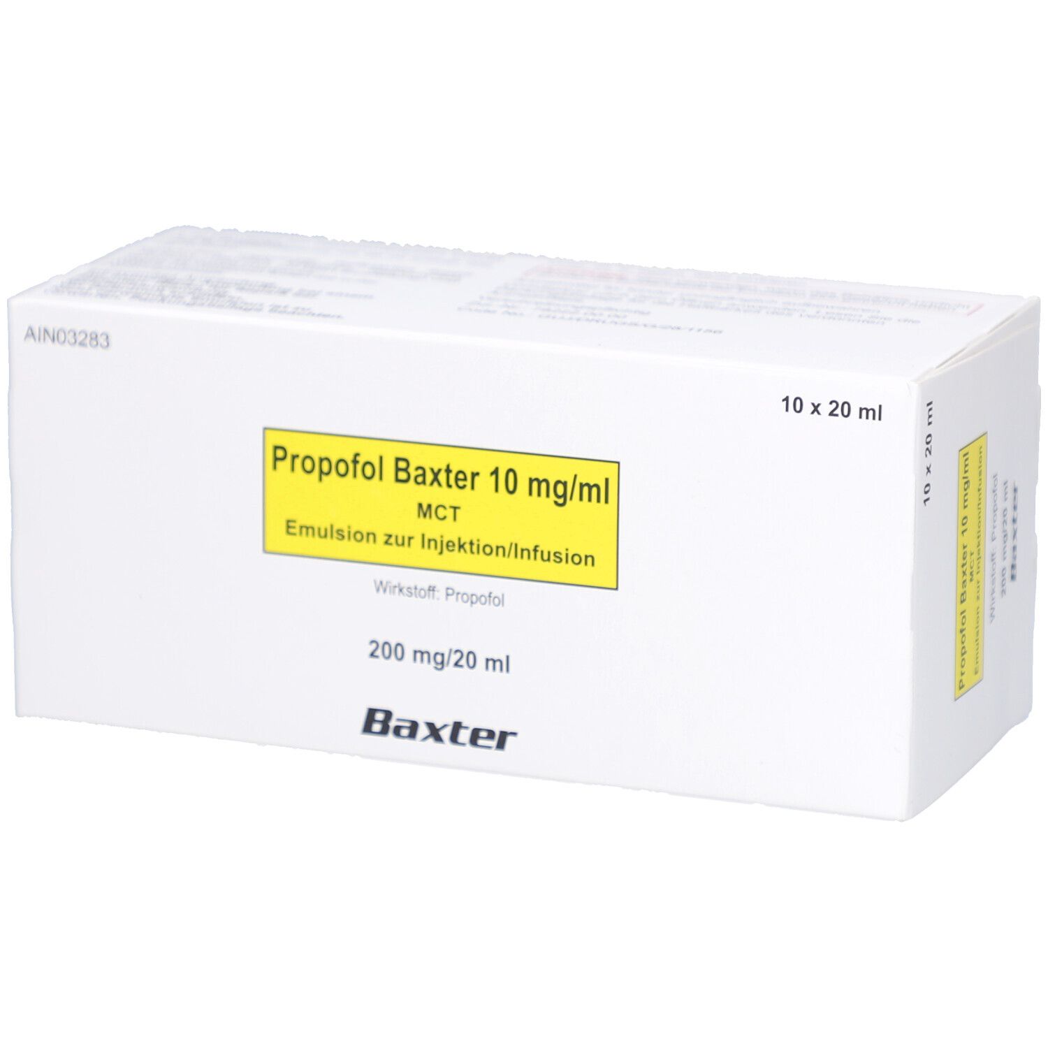 Weiße Kartonverpackung mit gelbem Etikett. Beschriftung: Propofol Baxter 10 mg/ml, Emulsion zur Injektion/Infusion. 10 x 20 ml.