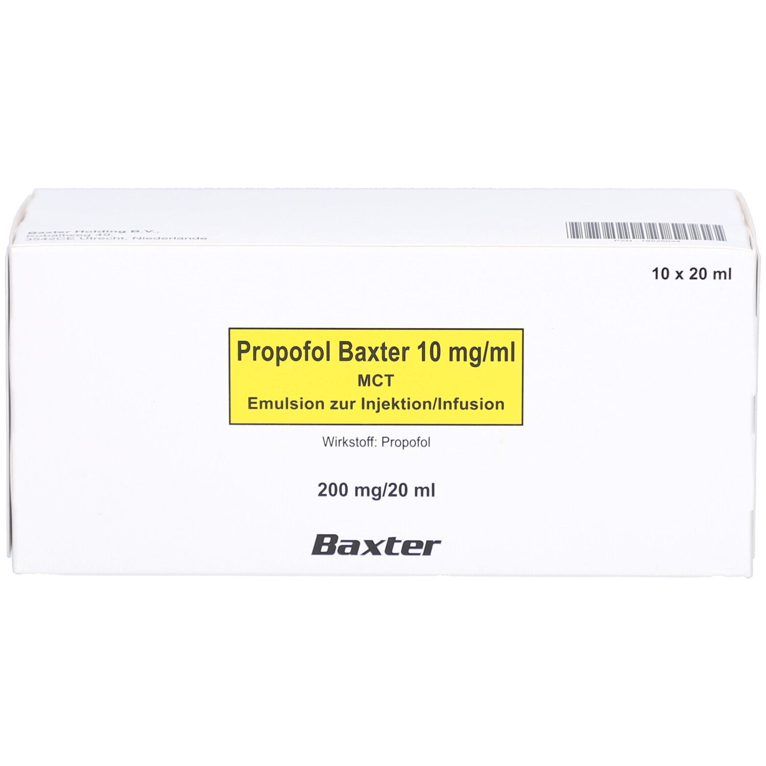 Weiße Kartonverpackung mit gelbem Etikett. Beschriftung: Propofol Baxter 10 mg/ml, Emulsion zur Injektion/Infusion. 10 x 20 ml.